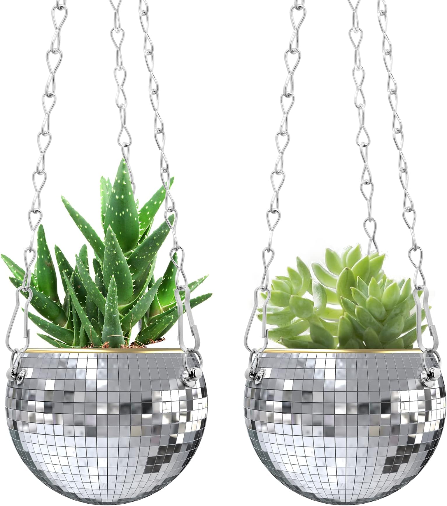 moonoom 2 Pcs Sliver Disco Ball Planter with Chain,Home Boho Hanging Planter,4Inch Hanging Mirror Ball Flower Pots for Indoor Outdoor Plants