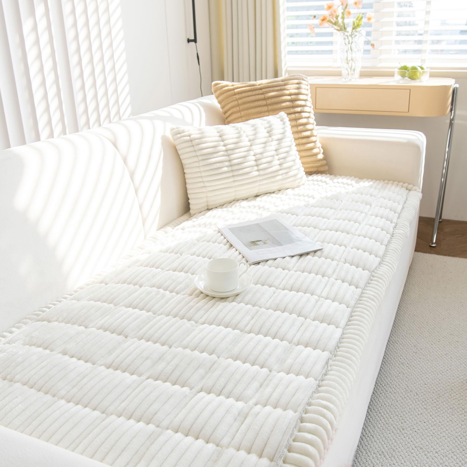 ShowyLive Chaise Long Sofa Cover, Covers for 1 2 3 4 Seater Sofa Cover Protector - Soft and Thick Corduroy Non-Slip Anti-Scratch Covers for Dogs Cats (70 x 180 cm, White)