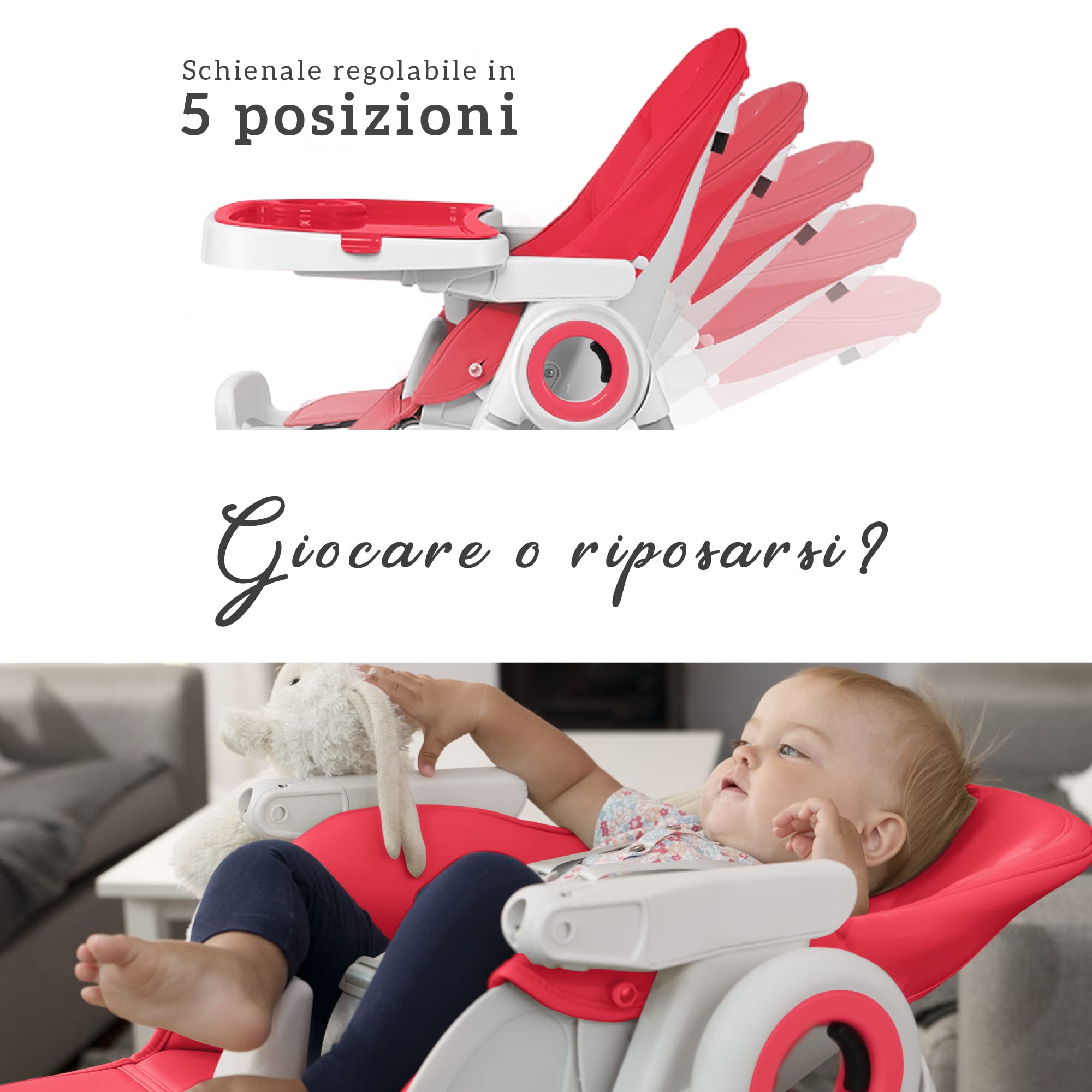 Seggiolone Pappa Regolabile e Pieghevole - 7 Livelli Diverse, Schienale Bambino Pieghevole 5 Posizioni, Ripiano Smontabile, Vassoio a Clip (Facile da Pulire) - Rosso Lampone