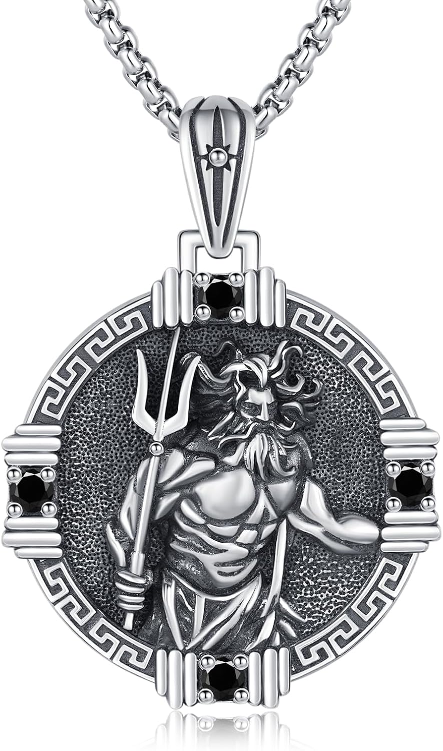Poseidon Necklace for Men 925 Sterling Silver Poseidon Trident Pendant Necklace Amulet Medal Pendant Trident Protection Jewelry Gifts for Men Women