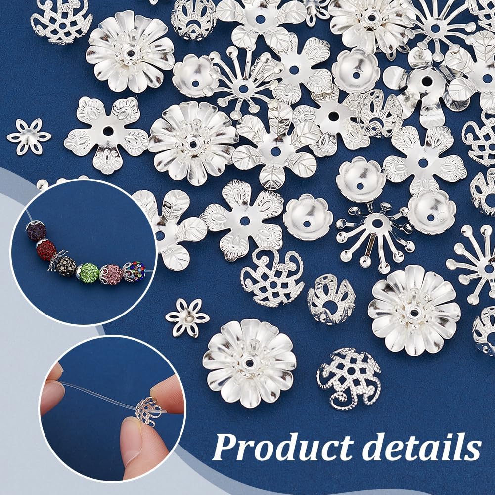 PH PandaHall 48pcs 8 Styles Bead Caps Silver Muiti Petal Flower Bead Caps Round Filigree Flower Cup Shape Bead Loose Spacer Beads Caps for Earring Bracelet Necklace DIY Crafts Jewelry Making - Image 4