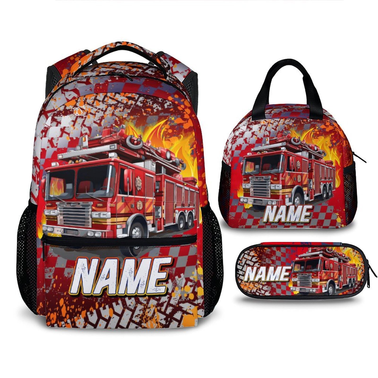 GiftRomance Kids Schoolbag, Custom Fire Truck Backpack for Boys, Personalized 3Pcs Set Casual Bookbag for Preschool Elementary Kindergarten Travel