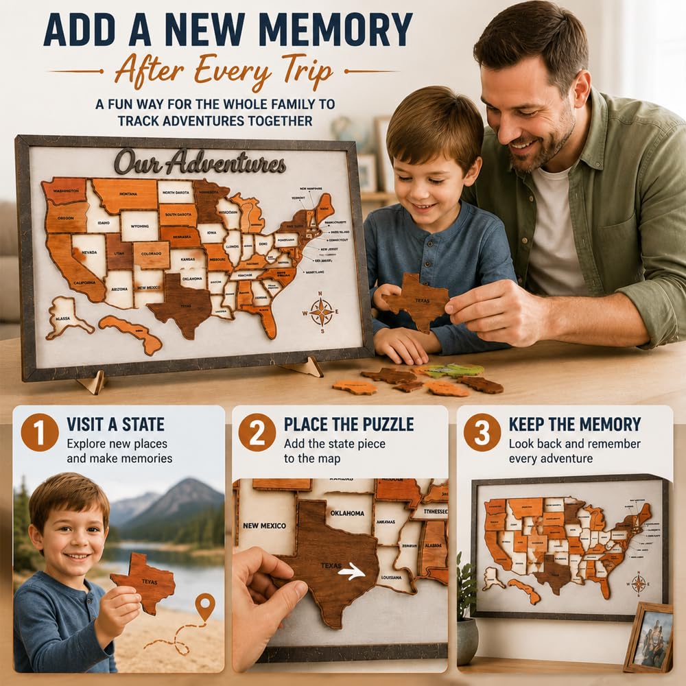 Puzzle de suivi de carte de voyage USA en bois pour les États