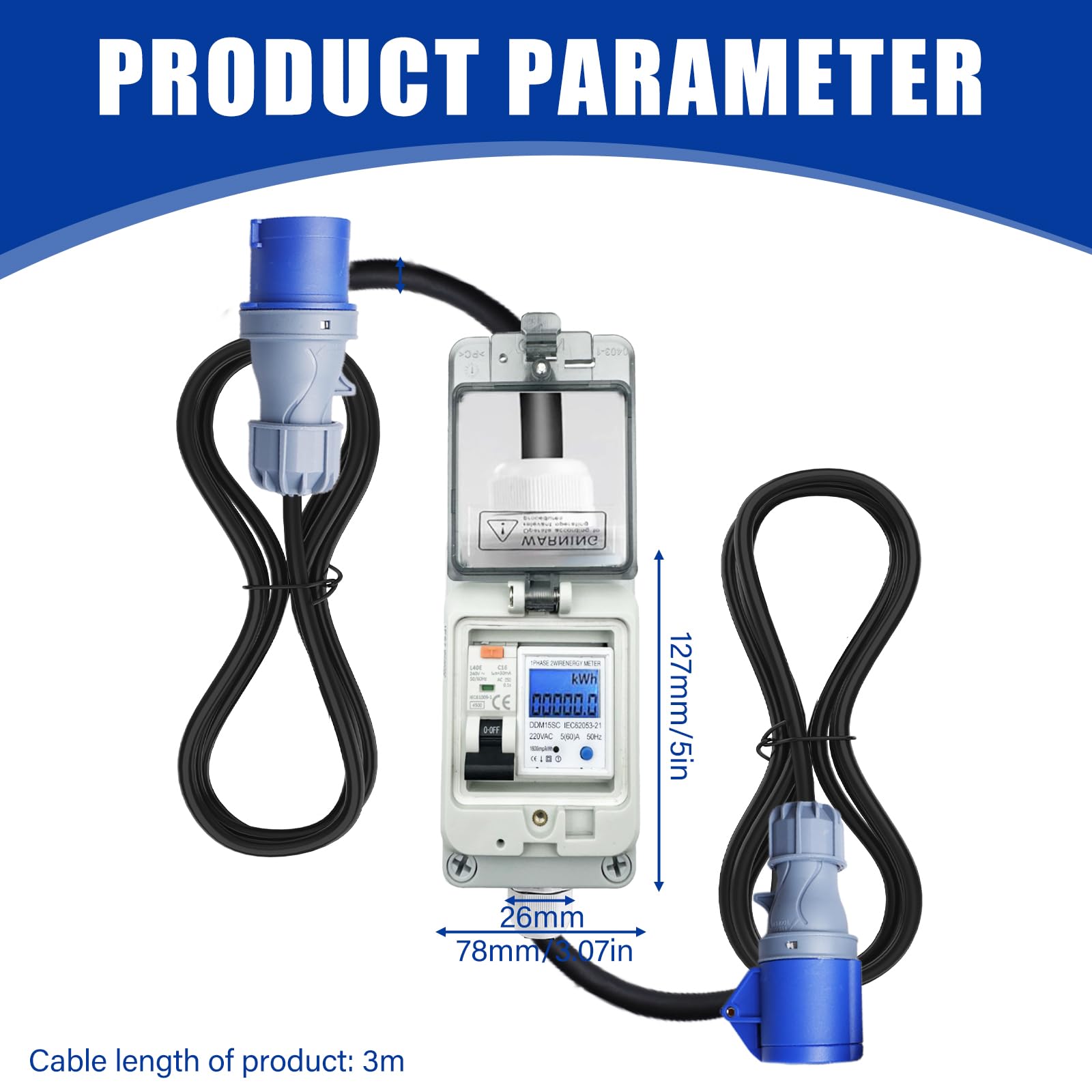 Compteur électrique numérique mobile 230 V 16 A pour prise de courant avec disjoncteur FI type A, IP44 CEE 3 broches 16 A mâle vers prise CEE 16 A, boîtier de compteur électrique IP67