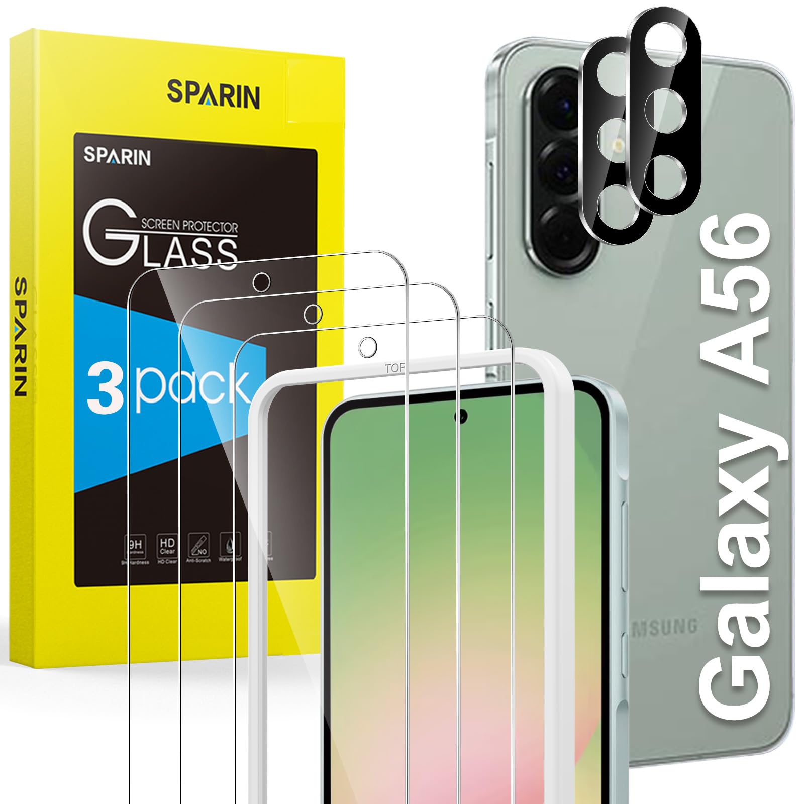 SPARIN für Samsung Galaxy A56 5G Panzer Schutz Glas, 3 Stück Schutzfolie und 2 Stück Kameraschutz mit Montage Rahmen, 9H Härte, Anti-Bläschen,HD-Klar