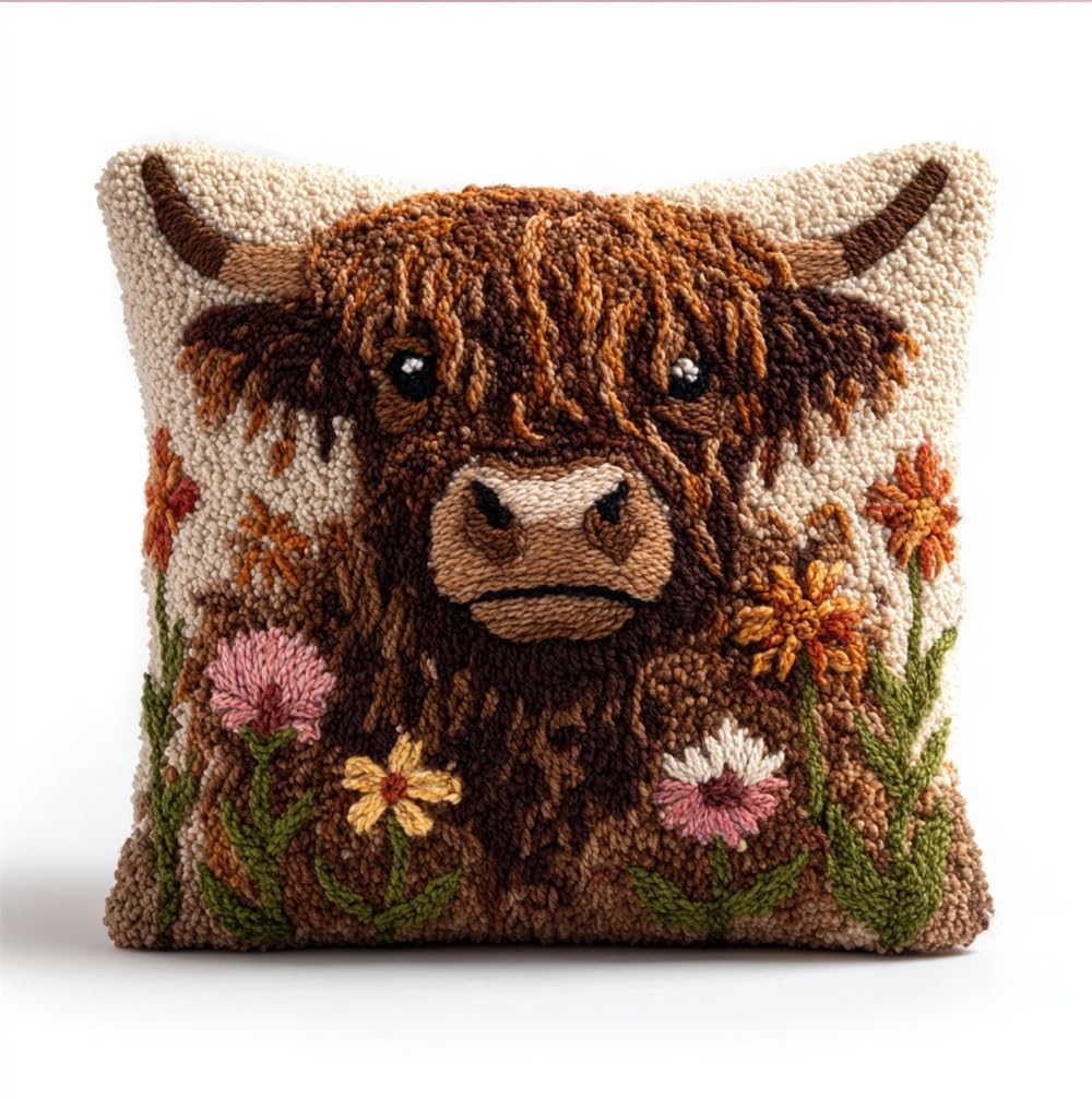 kitphoenix DIY Latch Hook Kit Highland Cow and Flowers