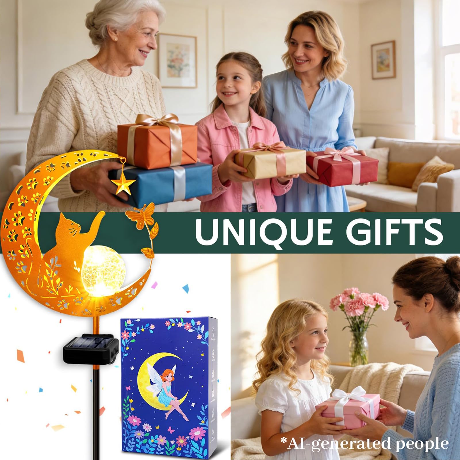 Solarleuchten Outdoor Dekorative Mond Katze Solar Pfahl Lichter Gartenarbeit Geschenke für Frauen Garten Ornamente Wasserdicht für Gehweg, Hof, Rasen, Terrasse