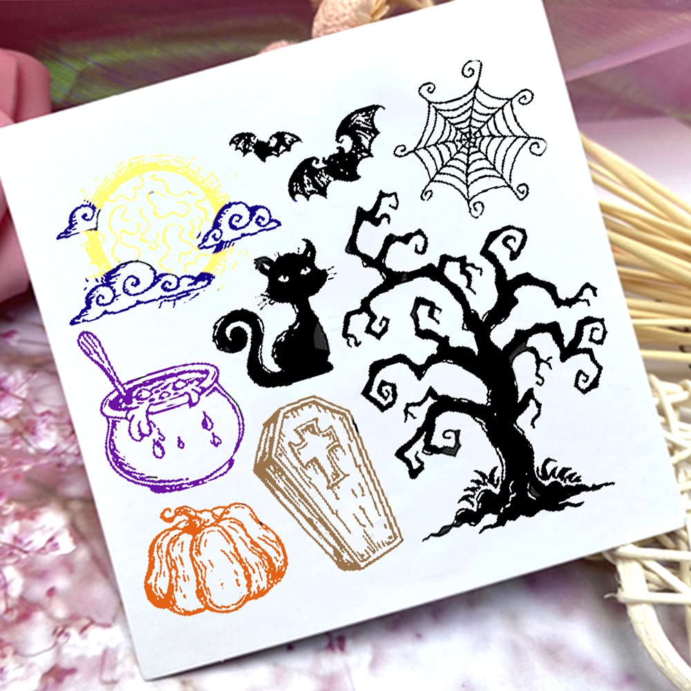 Tampons Transparents Halloween - Château, Arbre, Chauve-souris - Silicone 16x11 Cm - Pour Scrapbooking, Cartes