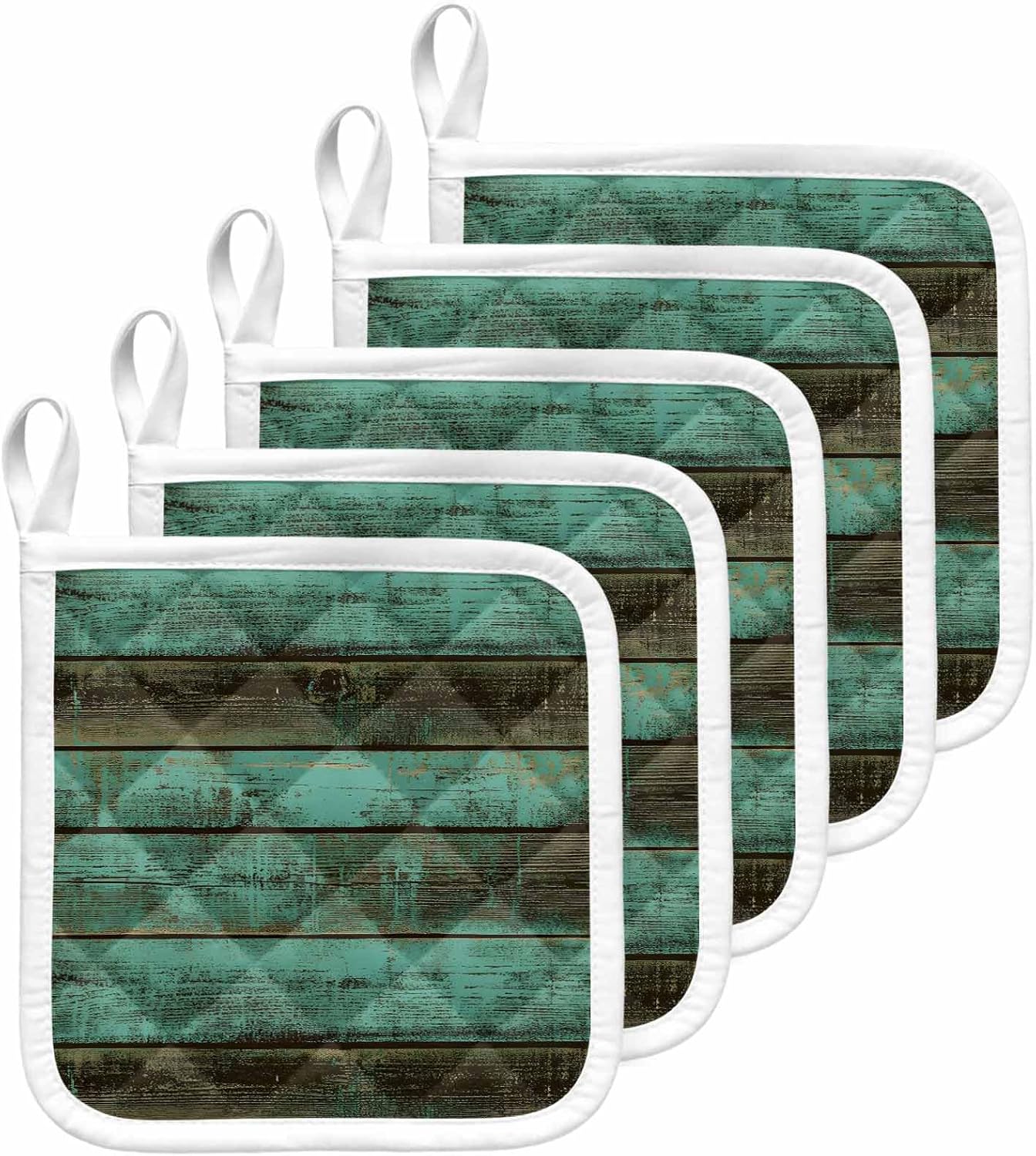 5 Pack Pot Holders for Kitchen, Retro Wood Grain Hot Pads for Kitchen Countertops Oven Pot Holder Bulk, Farm Green Smear Vintage Wooden Heat Insulation Potholders with Hanging Loops