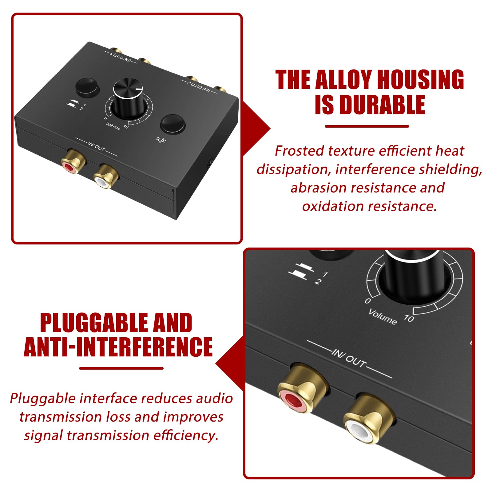 RCA Stereo Audio Switch 2(1)-IN-1(2)-OUT, R/L Regulacja Głośności, dwukierunkowy Aux Sound Selector Splitter Box do odtwarzacza CD, komputera, głośników