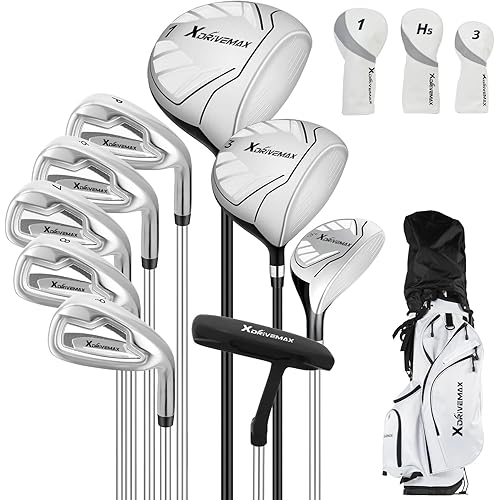 10 Pieces Complete Mens Womens Golf Clubs Set Right Hand for Men Women Includes Stand Bag with Rain Hood, 1#Driver 3#Wood #5 Hybrid,with 3 Head Covers, 6# 7# 8# 9# PW# Irons and Putter