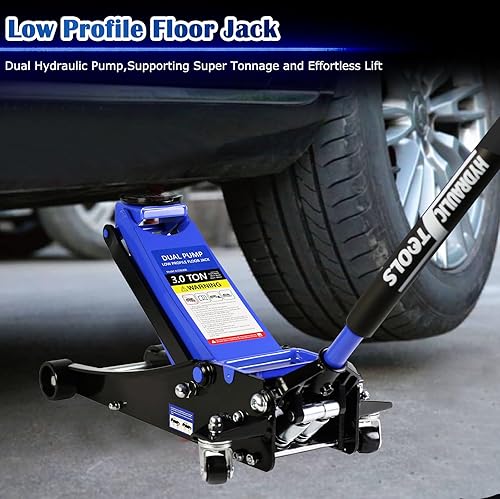 Miniatura 2 de Gato hidráulico de perfil bajo, profesional, de acero resistente, con bomba de elevación rápida de doble pistón, capacidad de 3 toneladas (6600
