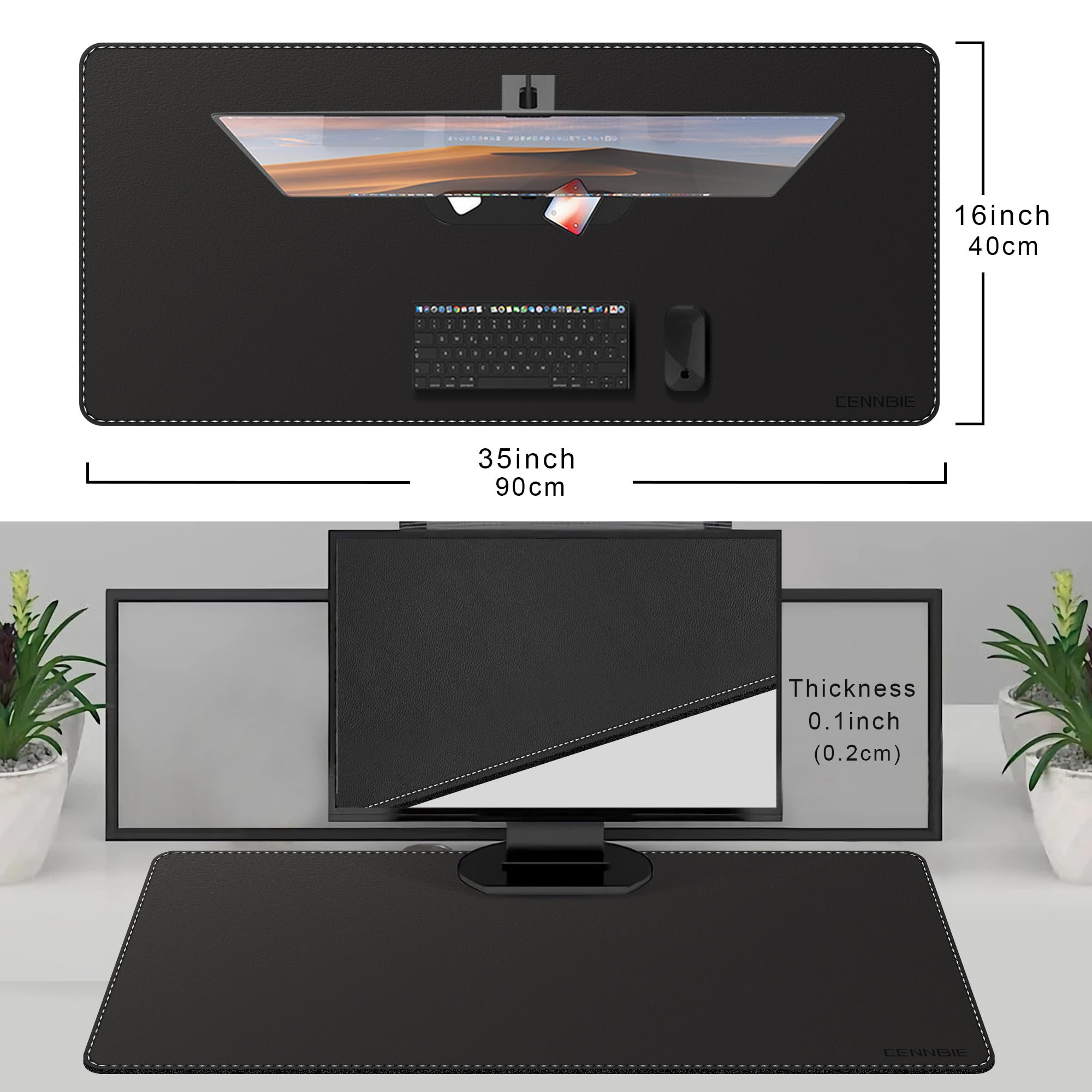 Sous-mains Bureau 90x40cm Cuir Synthétique Imperméable Anti-Dérapant Protection Table Noir