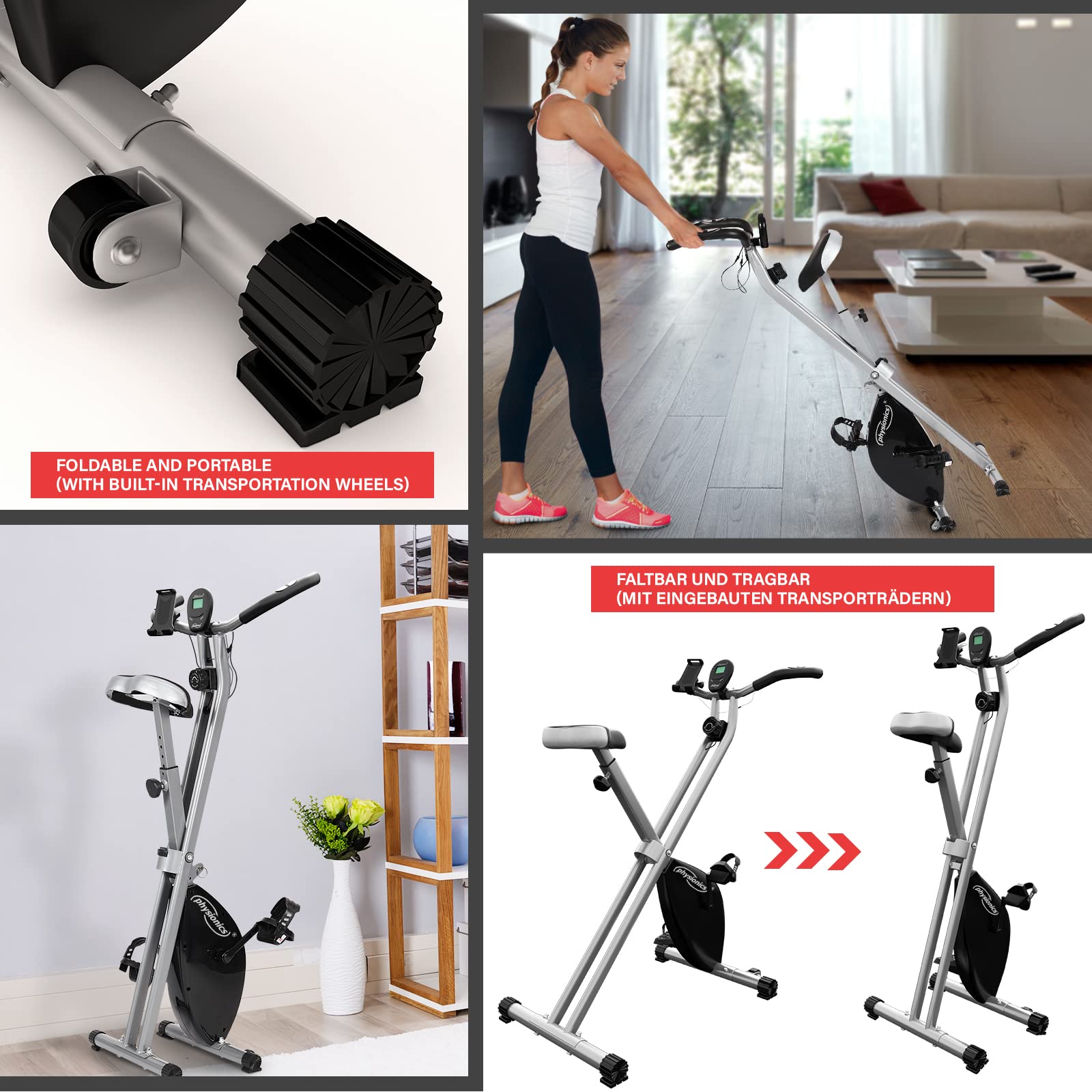 Physionics® Rower treningowy – wyświetlacz LCD, regulowany, składany, do 120 kg, szary, z kółkami transportowymi, pulsometrem, uchwytem na telefon – ergometr, trener rowerowy, domowy, rower fitness,
