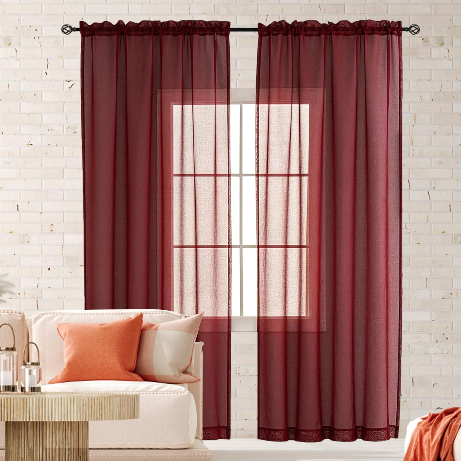 Rideau voilage semi-transparent effet lin léger pour décoration vitrée