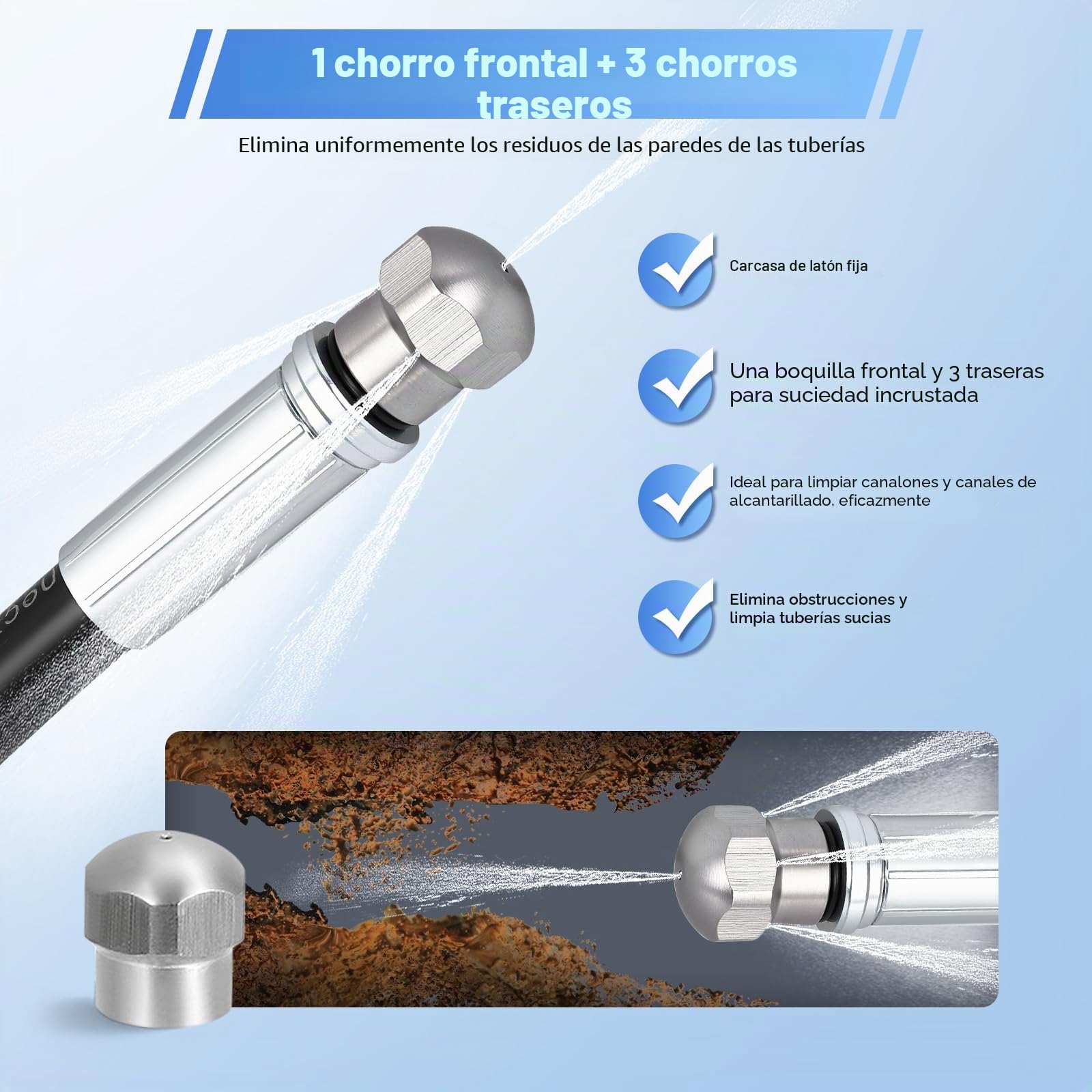 15m Manguera Desatascadora, Sonda Desatascadora de 400 Bar/5800PSI con Adaptador, 2 Boquillas (de Chorro y Giratoria) y 1 Cinta de Teflón, Compatible con Kärcher K2-K7 para Uso Doméstico