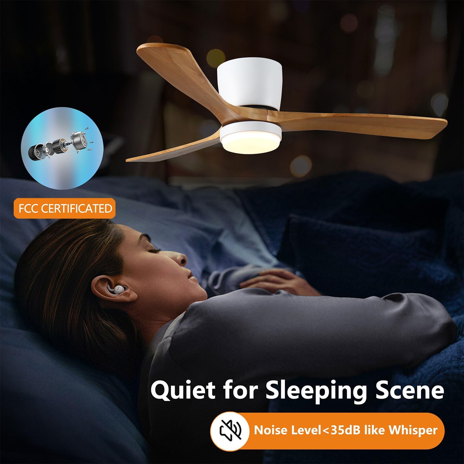 42 Inch Ceiling Fan with Lights, Low Profile Wood Ceiling Fan with Remote & APP Control, DC Reversible Motor, 3CCT Dimmable LED, Flush Mount Quiet Ceiling Fan for Home & Office, White Walnut