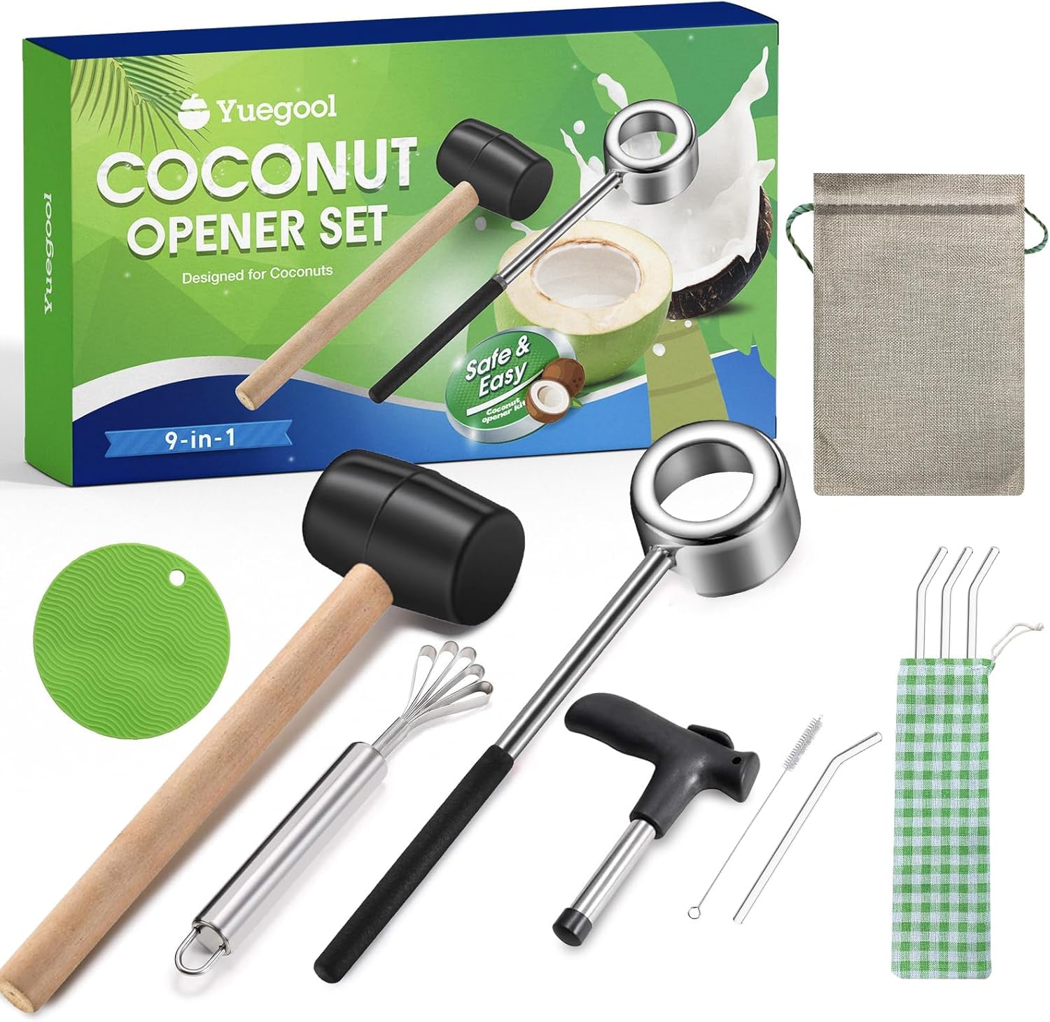 Coconut Opener Tool Set for Young & Mature Coconuts,9 IN 1 Coconut Opener Kit Include Rubber Mallet,Hole Puncher,Meat Remover,Straws Set,Silicone Mat All Fit in 1 bag new