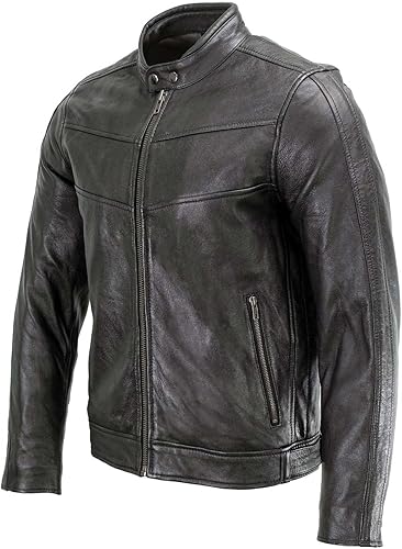 Vista 4 de Milwaukee Leather Chaqueta de cuero negro Cafe Racer para hombre con cuello de botón a presión SFM1835