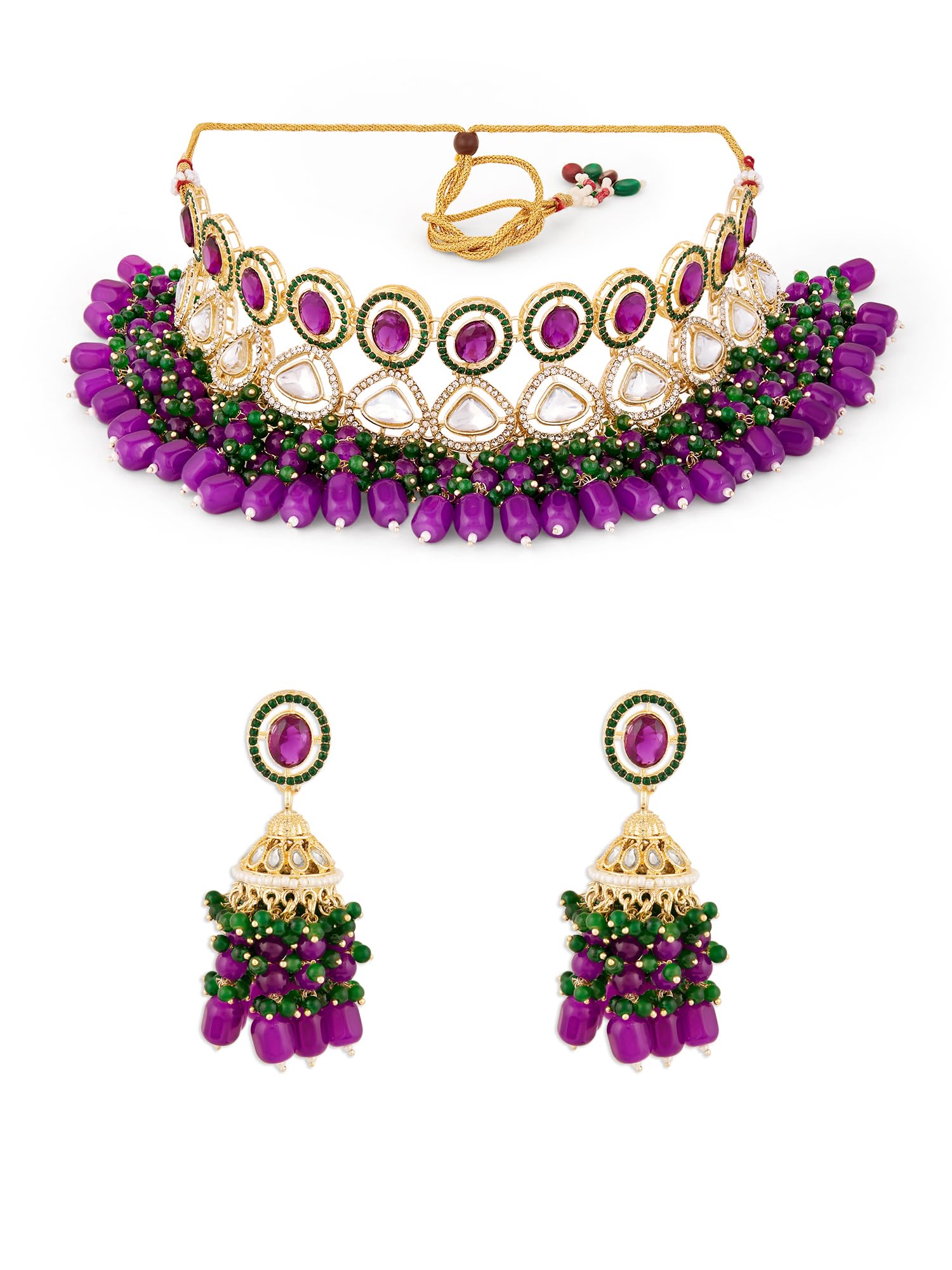 ZAVERI PEARLS Purple Green Stones Cluster Beads Diamonds Choker Necklace & Earring Set For Women-ZPFK18220 (B0D91XR59G) Amazon Price History, Amazon Price Tracker
