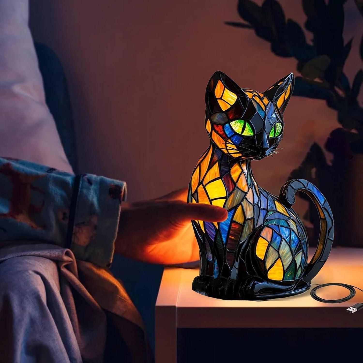 Katzenlampe – Handgefertigte Nachttischlampe Aus Kunstharz Mit Warmem Licht, Katzenmotiv, Vintage, Als Dekolampe Für Wohnzimmer, Schlafzimmer & Kinderzimmer Katzenlampe Nachttisch