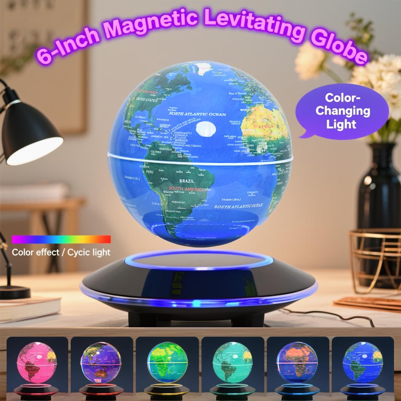 Globo Terráqueo Flotante Magnético de 6 Pulgadas con Iluminación LED de KAIMC para Niños, Decoración de Oficina Fresca para Hombres, Regalos de Cumpleaños Únicos