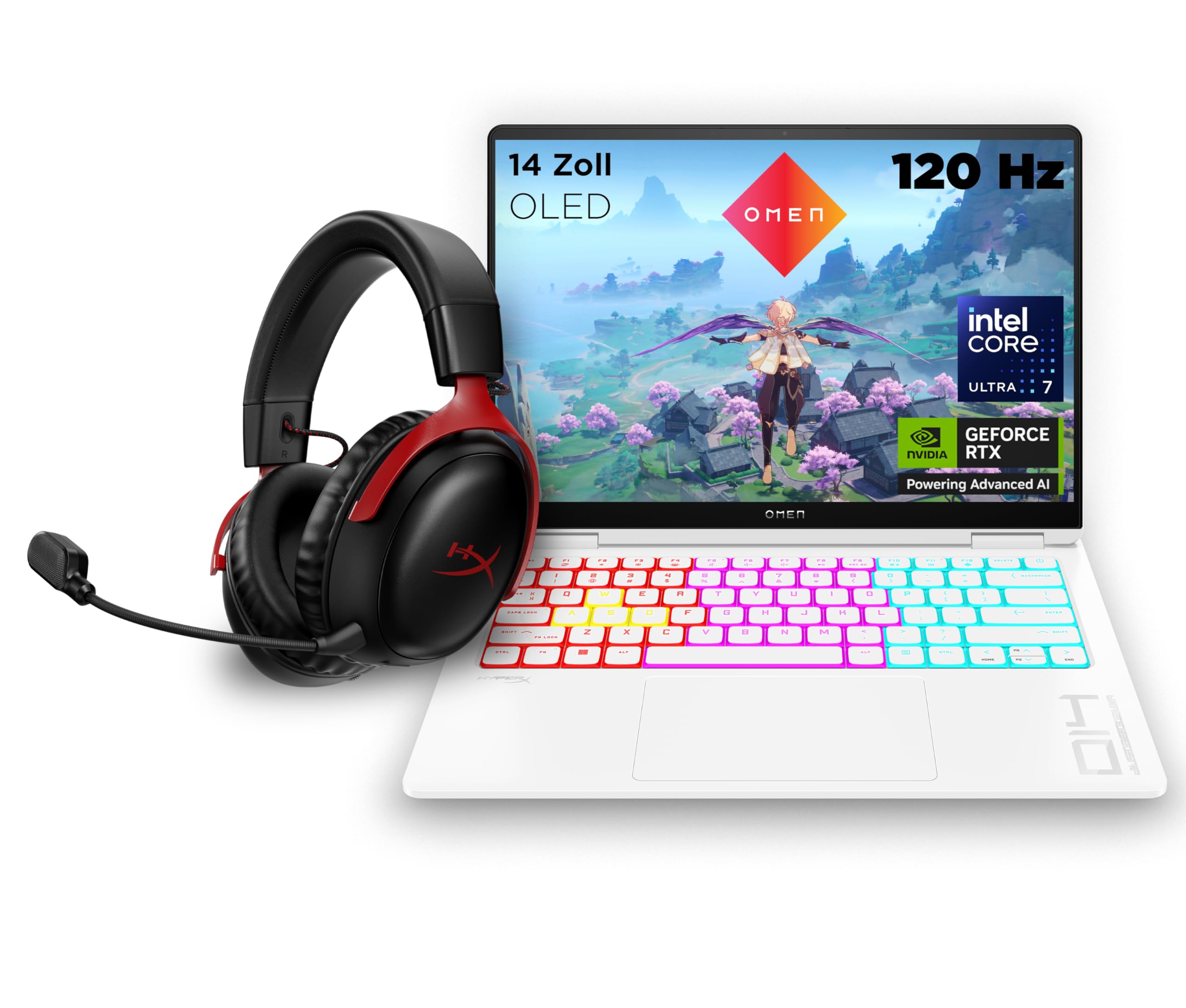 HP Omen Transcend Gaming Laptop, 14 Zoll 2,8K OLED 120Hz, Intel Core Ultra 7 155H, 16 GB DDR5 RAM, 1 TB SSD, NVIDIA GeForce RTX 4060 (8GB), QWERTZ, Windows 11, Weiß inkl. HyperX Cloud III Wireless