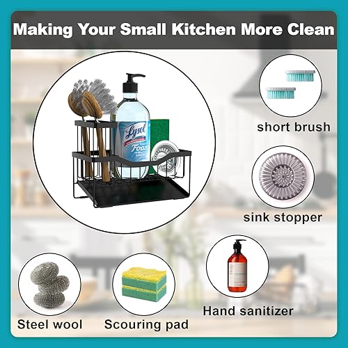 Miniatura 3 de Soporte de esponja multifuncional para fregadero de cocina con estante de cepillo alto, organizador de fregadero con bandeja de autodrenaje,