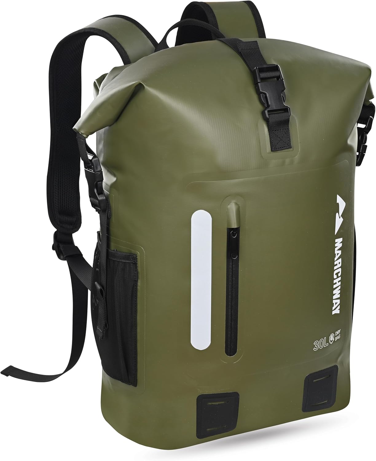 MARCHWAY Roll Top Waterproof Backpack, Floating Dry Bag 20L/30L/45L with Ergonomic Rectangular Base, Cushioned Back, Hip Strap for Hiking Camping Kayaking Travel (Army Green, 30L)