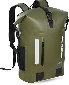 MARCHWAY Roll Top Waterproof Backpack, Floating Dry Bag 20L/30L/45L with Ergonomic Rectangular Base, Cushioned Back, Hip Strap for Hiking Camping Kayaking Travel Army Green, 45L