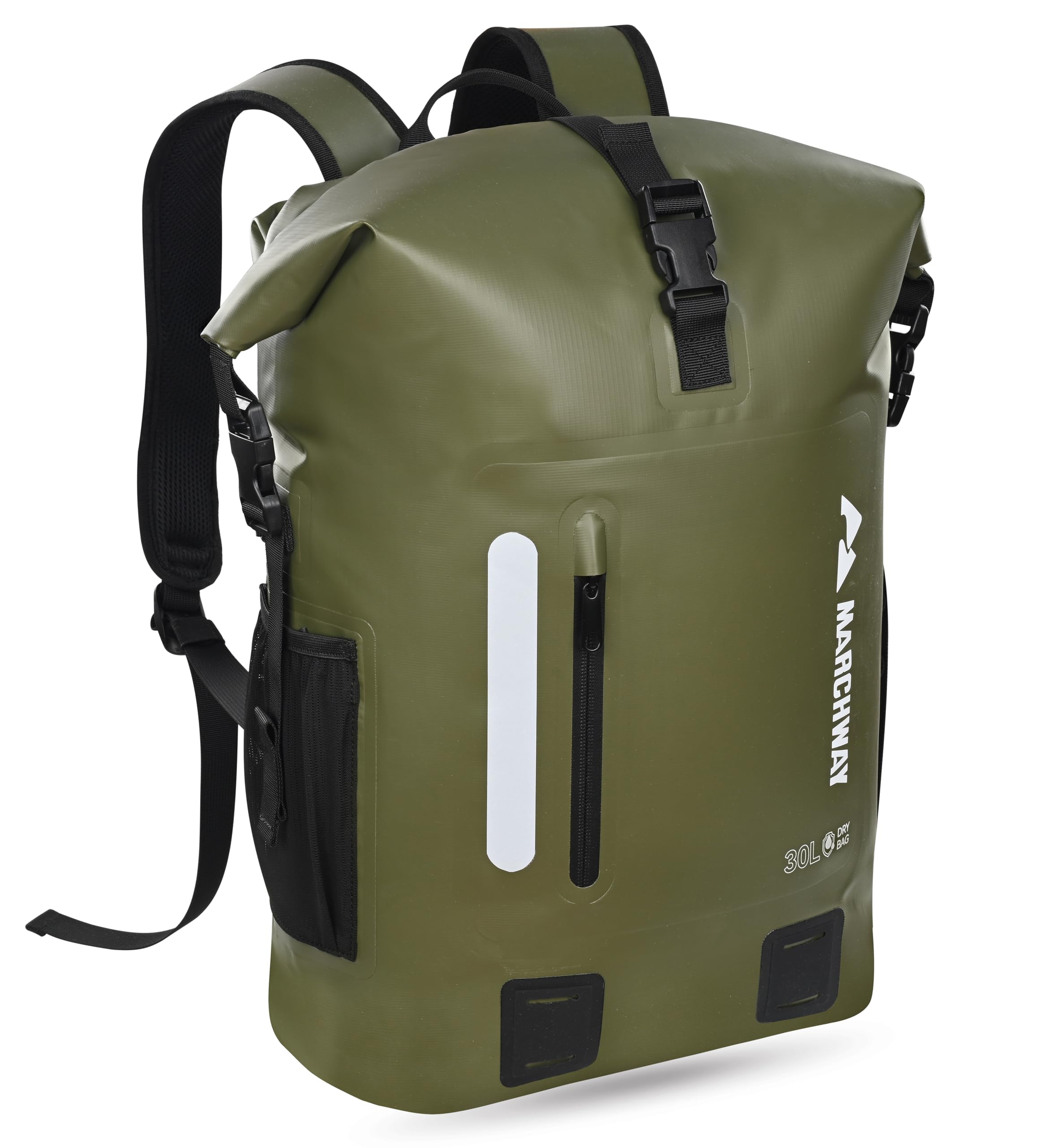MARCHWAY Roll Top Waterproof Backpack, Floating Dry Bag 20L/30L/45L with Ergonomic Rectangular Base, Cushioned Back, Hip Strap, Gear Loops, MOLLE for Hiking Camping Kayaking Travel (Army Green, 45L)