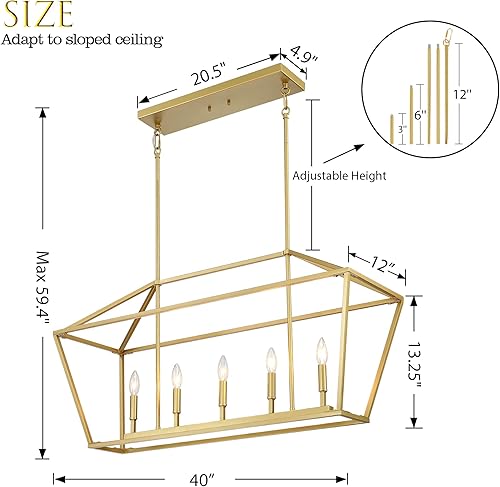 Miniatura 2 de Untrammelife Lámpara colgante de isla de cocina de 5 luces, lámpara colgante de linterna dorada, lámpara lineal moderna rectangular con varilla