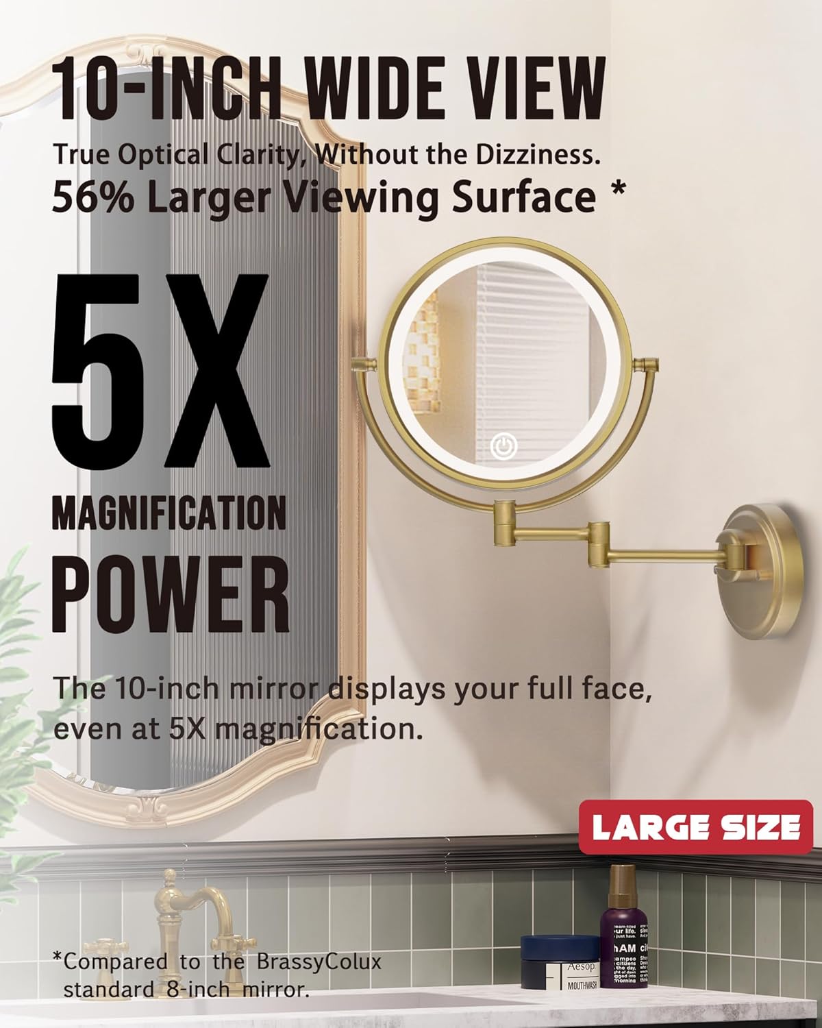 10" Rechargeable Wall Mounted Mirror Swing Arm Lighted, 1X/5X Double-Sided 3-Colors Touch Dimmable 2600 mAh Face Mirror Magnifying with Light Extended for Bathroom, Antique Brass