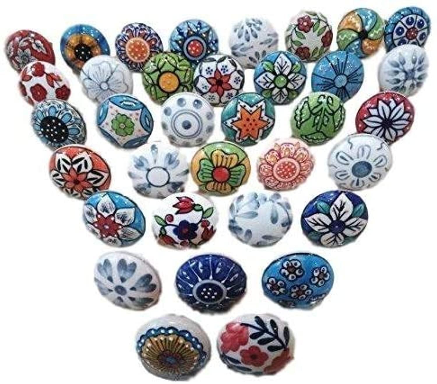 20 Pieces Mix Color Multi Designed Ceramic Cupboard Cabinet Door Knobs Drawer Pulls & Chrome Hardware - Hand Painted Pulls