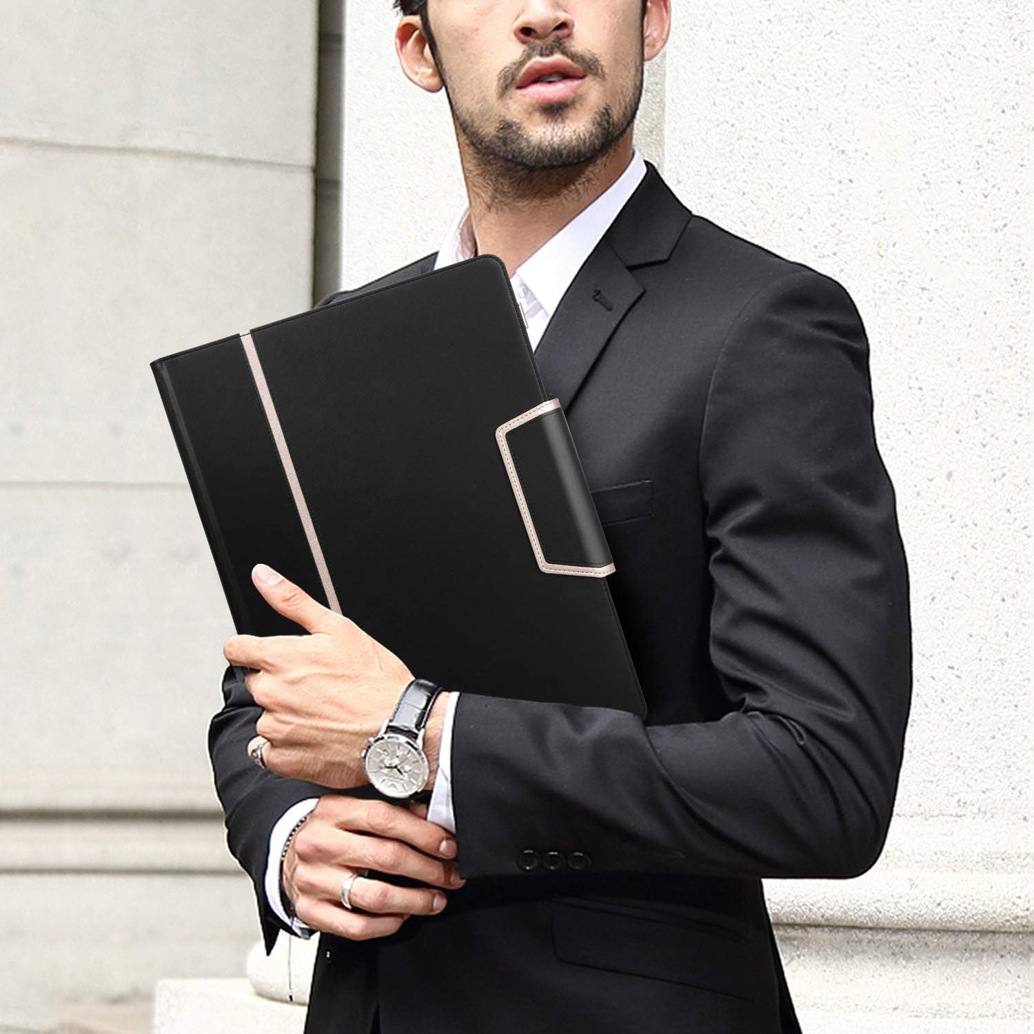 Toplive Conference Folder - Executive Business Padfolio with Letter/A4 Size Clipboard, Document Sleeve & Card Holders - Black - Image 2