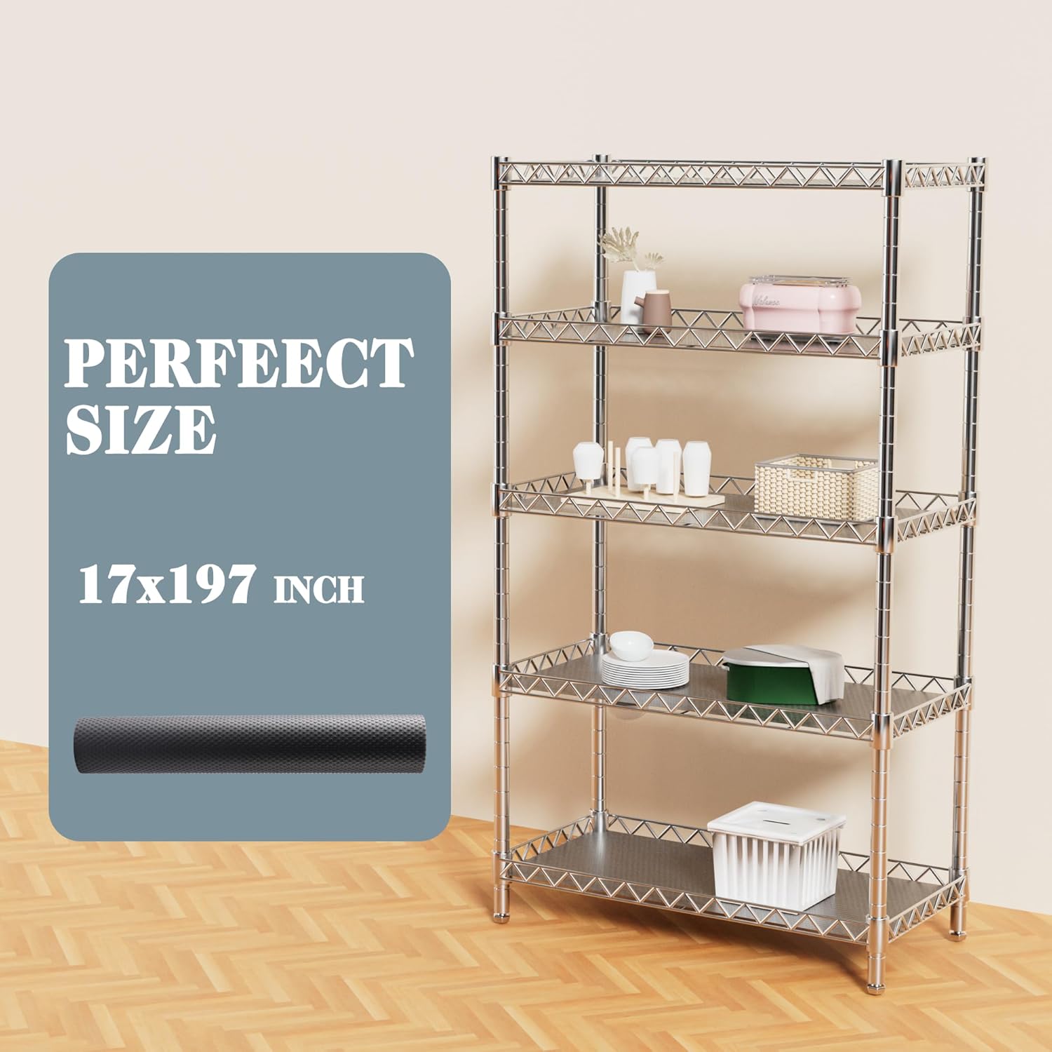 FLPMIX Wire Shelf Liner 17 inch Wide: Standard Size (17 by 197 Inch, Transparent Grey) - Waterproof Pantry Shelf Liner - Thick Plastic Kitchen Cabinets Liner for Heavy Duty Metal Shelves