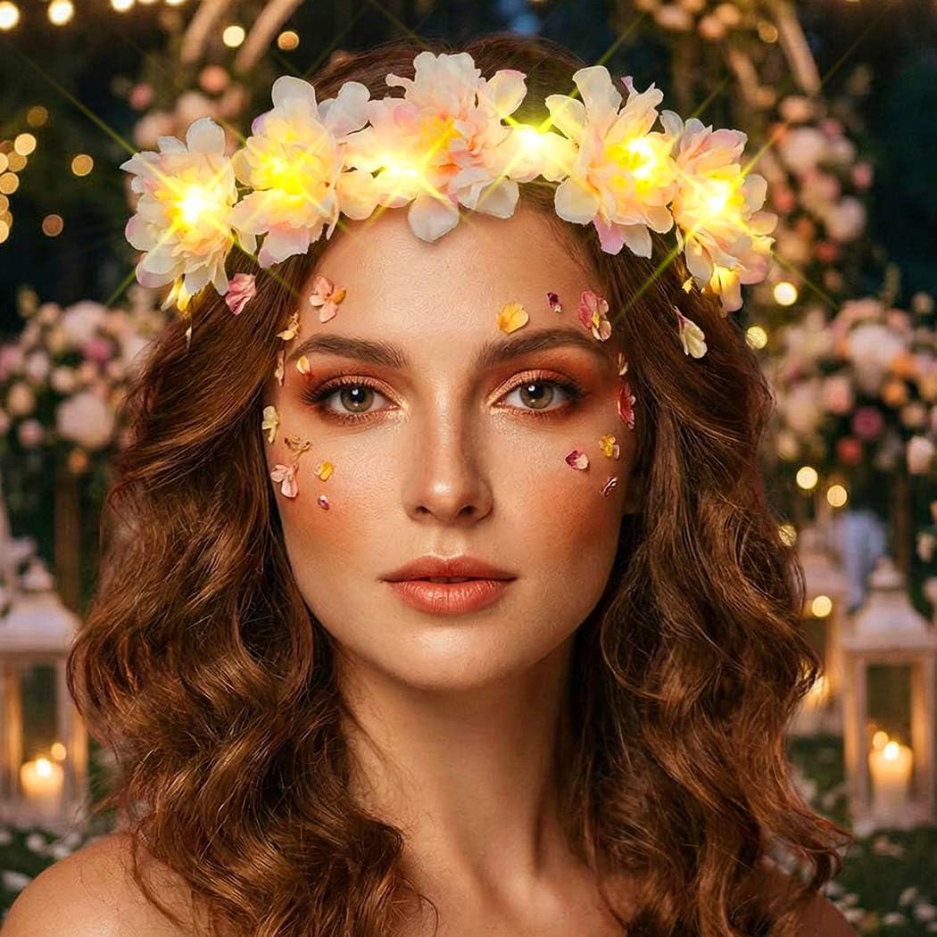 Ghirlanda Floreale Con Luci Ghirlanda Di Fiori A LED Per Capelli - Con 3 Modalità Di Luce (fissa, Lampeggiante), Per Feste, Matrimoni, Donne Ghirlande Luminose