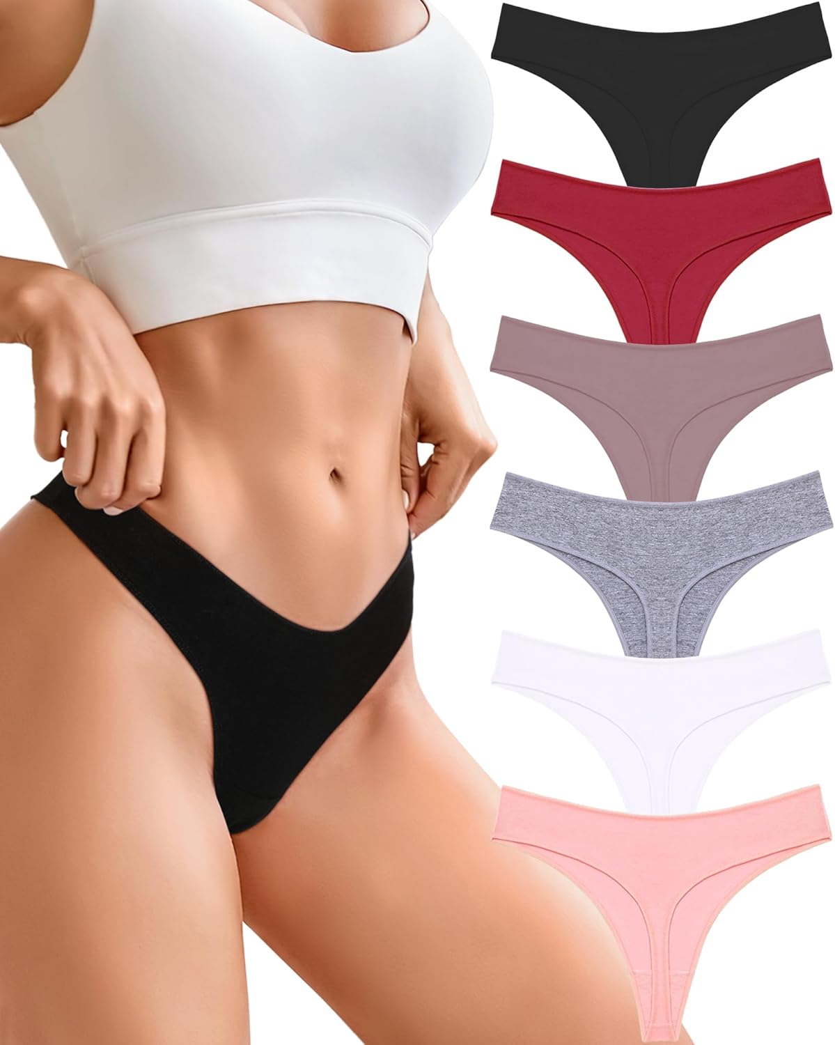 CUTE BYTE Cotton Thongs for Women Sexy Womens Underwear Breathable Stretch Low Rise Ladies Panties 6 Pack XS-XL