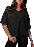 XIEERDUO Women's Oversized Cotton Crop Tops Drop Shoulder Workout Tees Loose Fit Short Sleeve T-Shirts