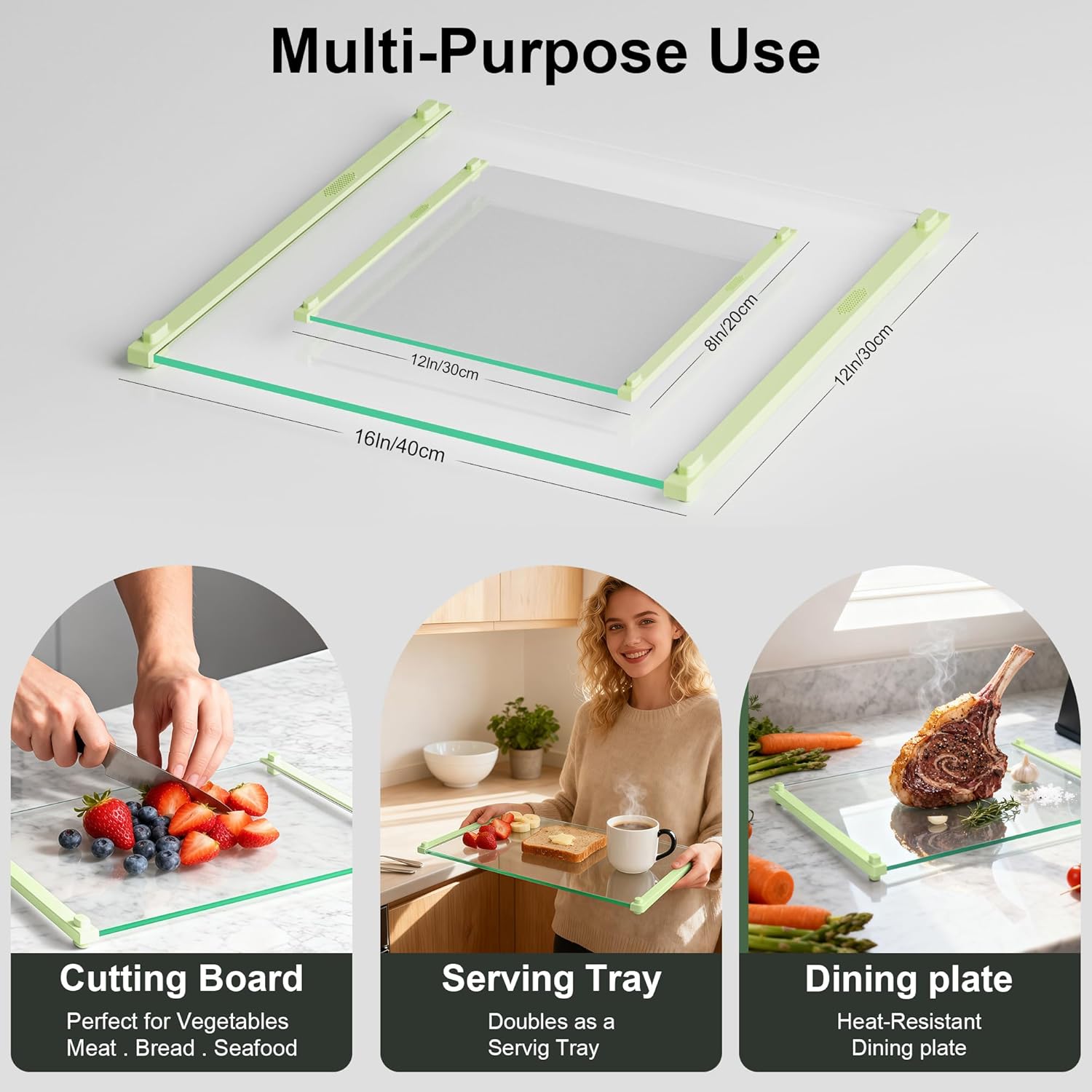 2PCS Glass Cutting Board with Silicone Grip, 80% Stronger Shatter Resistance and Slip Resistance,No Scratches/Microplastic-Free,Dishwasher Safe, Non Toxic Chopping Board for Kitchen (Green)