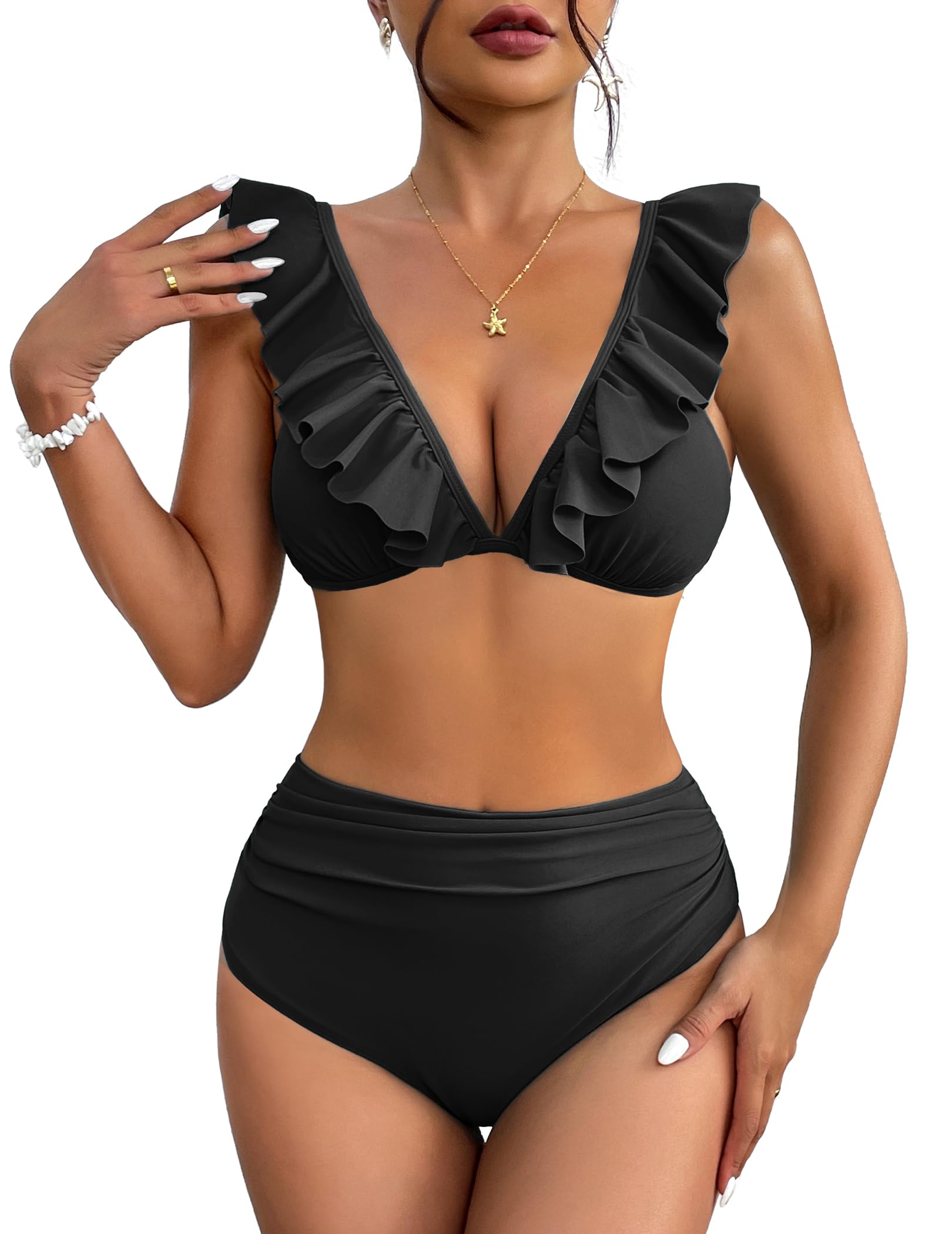 AI'MAGE Conjunto de Bikini para Mujer con Volantes de Cintura Alta, Traje de baño Sexy con Correas Ajustables, Traje de baño de Playa de Verano de Dos Piezas S-XXL