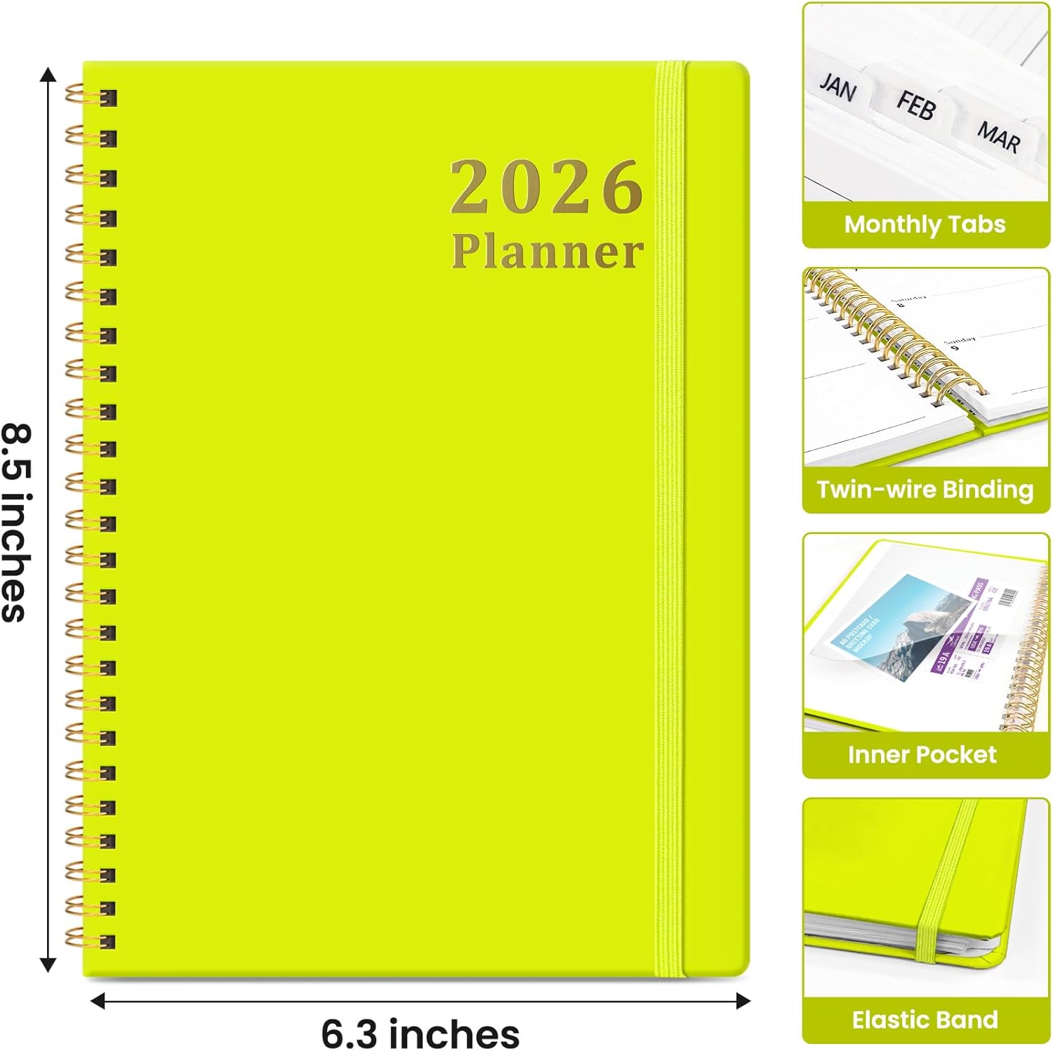 2026 Planner, Weekly and Monthly Calendar Planner, January 2026 - December 2026, Hardcover 2026 Calendar Book with Tabs For Women & Men, Inner Pocket, Spiral Bound, Perfect for Office Home School Supplies - A5 (6.3" x 8.5"), Lemon Yellow - Image 4