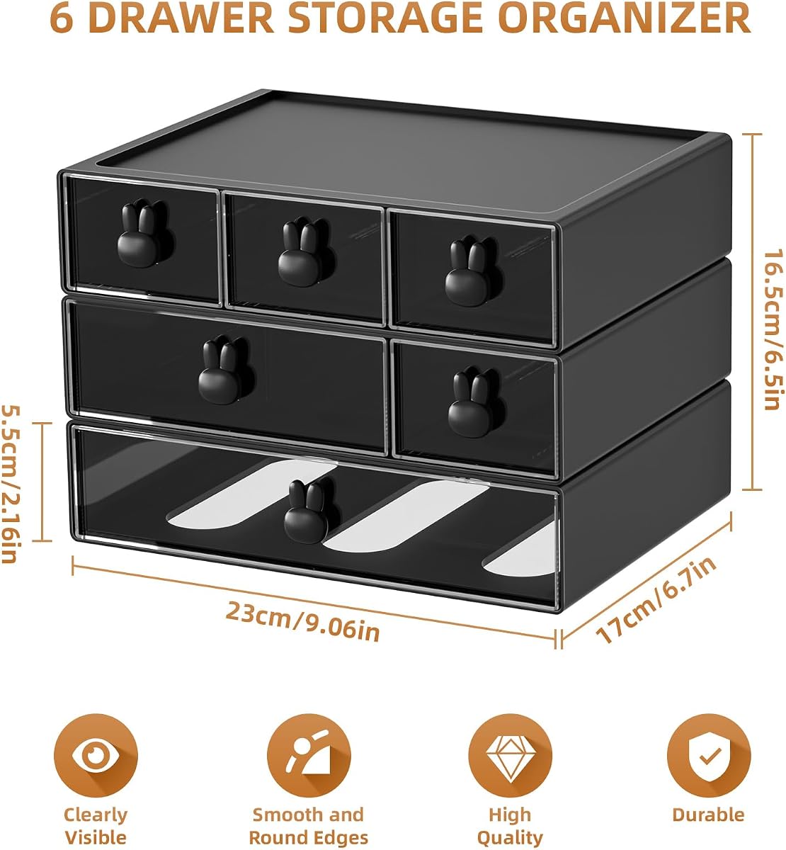 Organizador de escritorio Marbrasse con 6 cajones, cajones de almacenamiento apilables de 3 niveles Almacenamiento de maquillaje de plástico, organizadores y almacenamiento de oficina, caja de almacenamiento de escritorio para oficina, escuela, hogar Negro