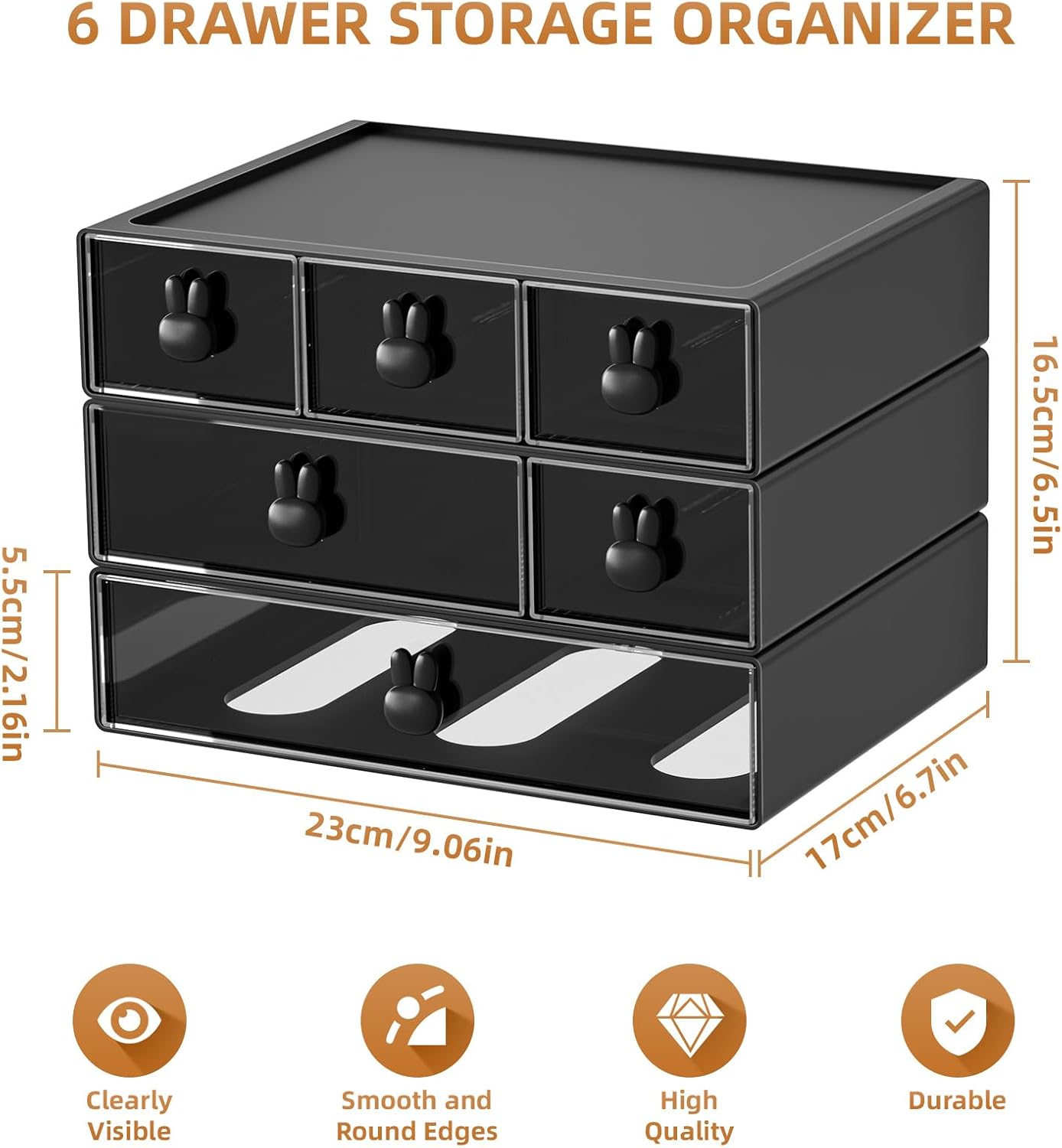 Marbrasse Desk Organizer with 6 Drawers, 3 Tier Stackable Storage Drawers Plastic Makeup Storage, Office Organizers and Storage, Desk Storage Box for Office, School, Home Black