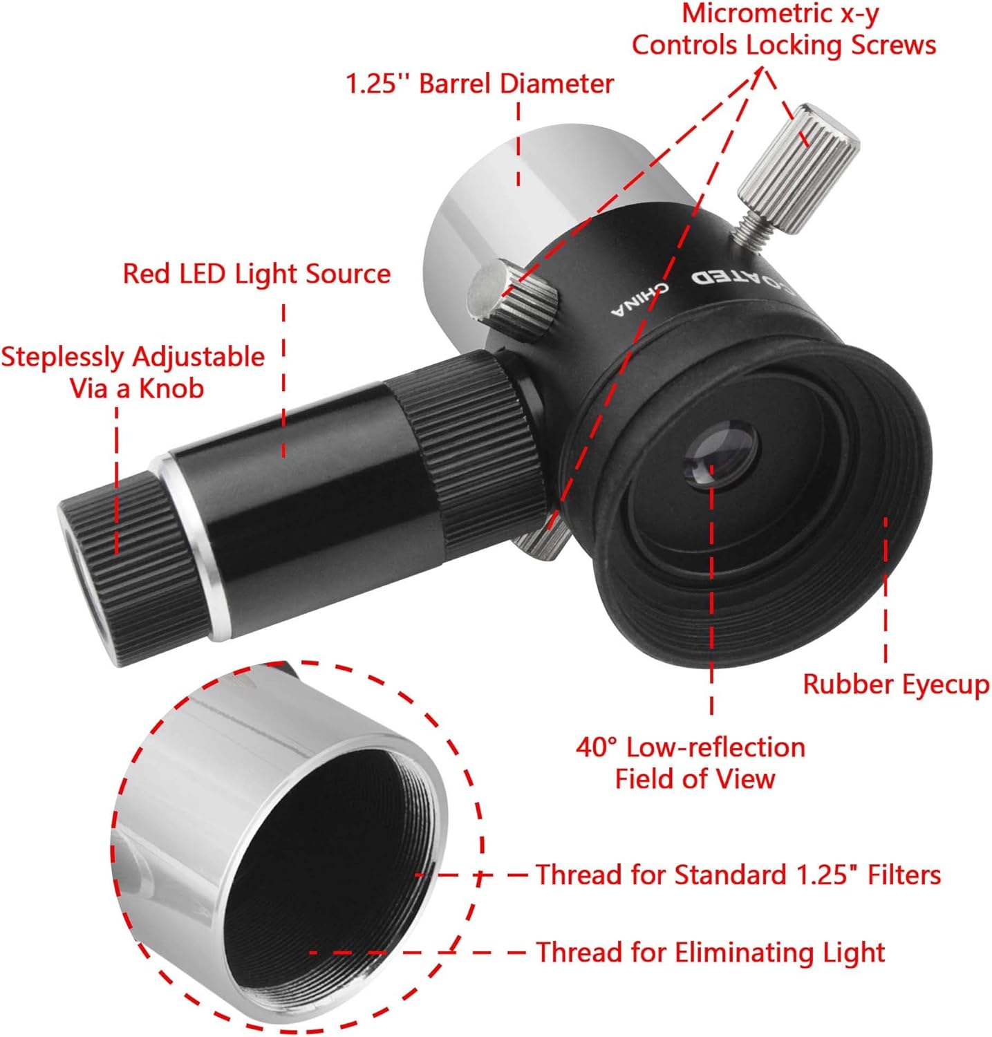 Diagram of Astromania 9mm Illuminated Crosshair Eyepiece with labeled parts