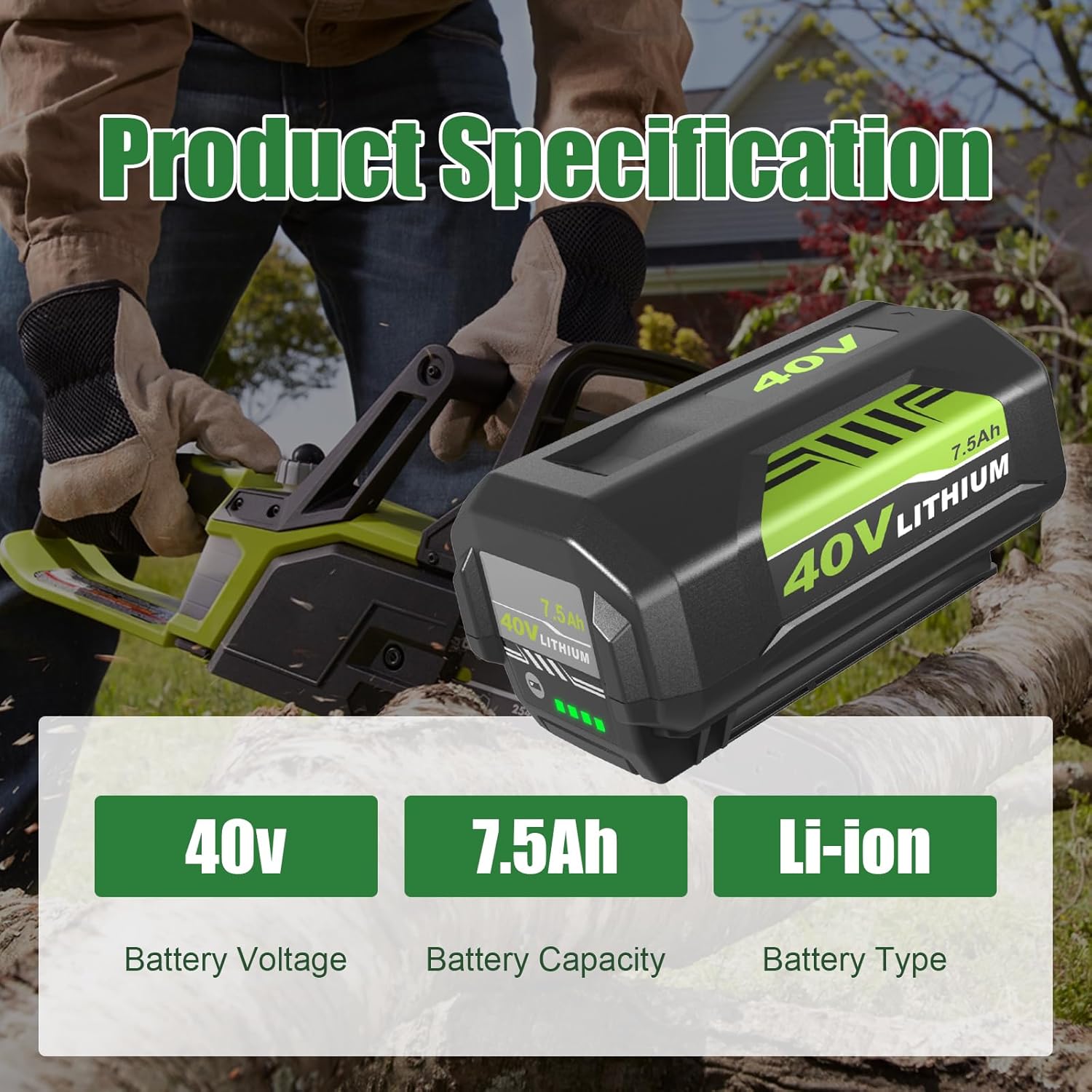 2Pack 7.5Ah OP40601 Replacement for Ryobi 40V Battery Compatible with Ryobi 40 Volt Battery Lithium OP4040 OP40401 OP4026 OP40261 OP4050 OP40201 Compatible with 40V Battery Power Tools (Green-3PC) - Image 2