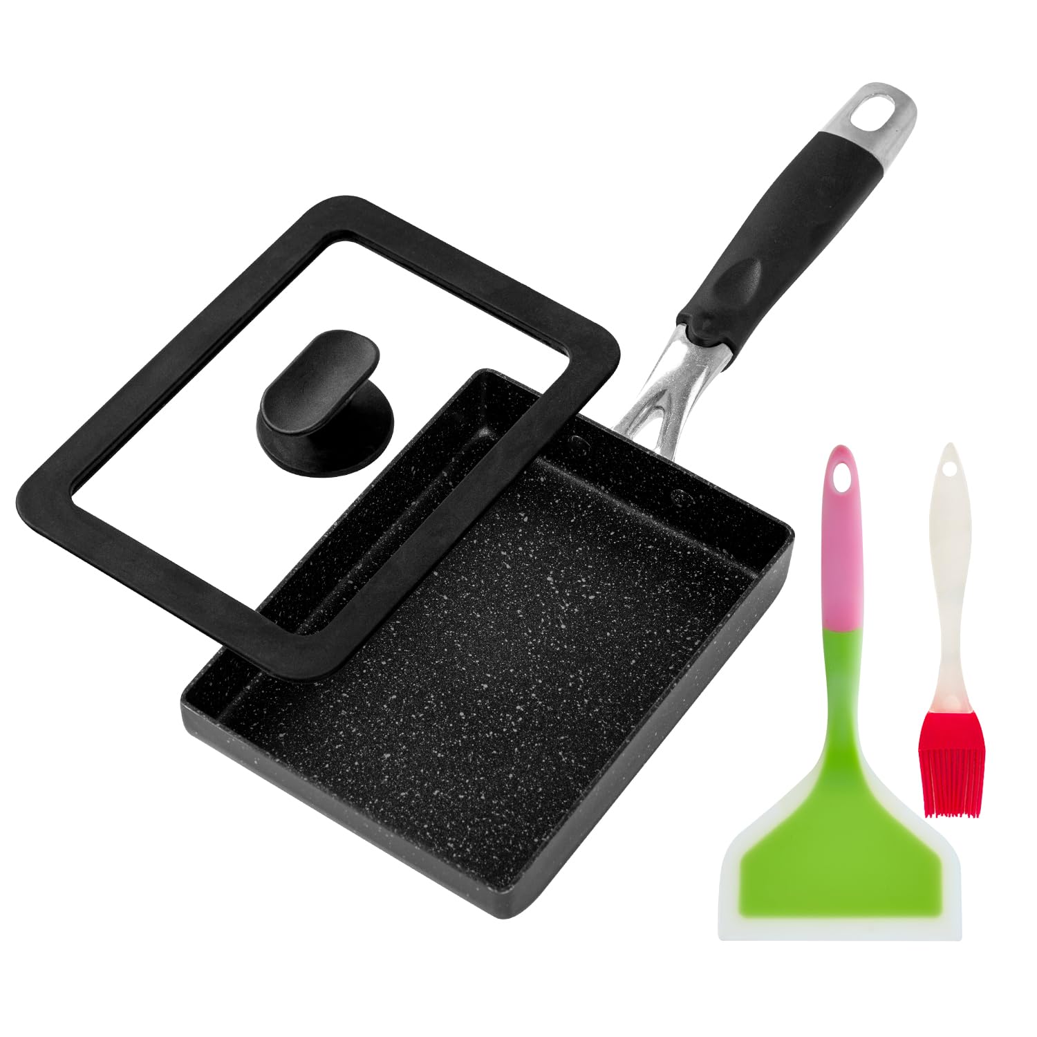 Tamagoyaki Poêle à omelette japonaise de qualité supérieure avec revêtement antiadhésif, couvercle et brosse à huile 17,8 x 12,7 cm