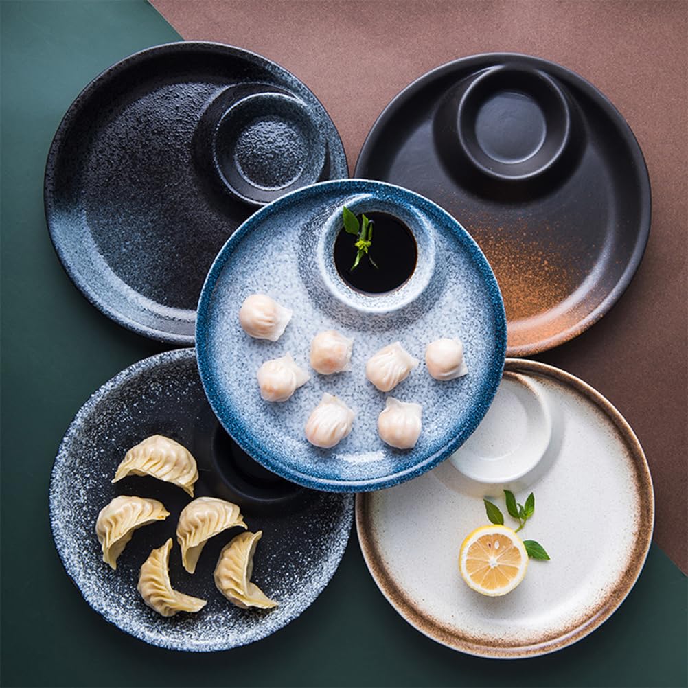DOITOOL Ceramic Dumpling Dinner Plate with Dipping Saucer Serving Dish for Sushi Chips and Fruits Round Ceramic Plate with Sauce Compartment Ink Snow