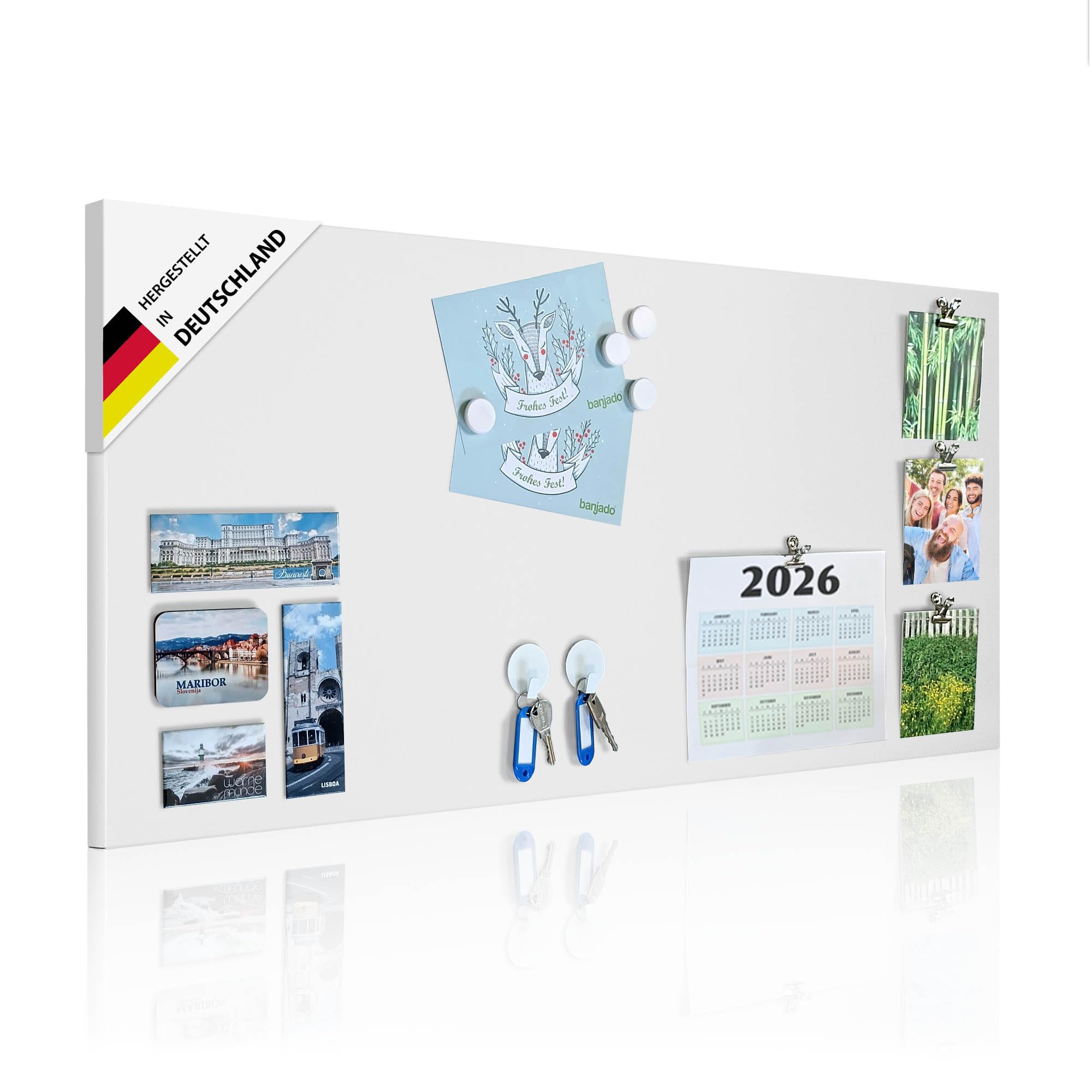 banjado Magnettafel Weiß 78x37 cm, große magnetische Wandtafel aus Metall mit Magneten, stilvolle Magnetwand zur Wandmontage, modernes Memoboard für Büro, Küche oder Kinderzimmer