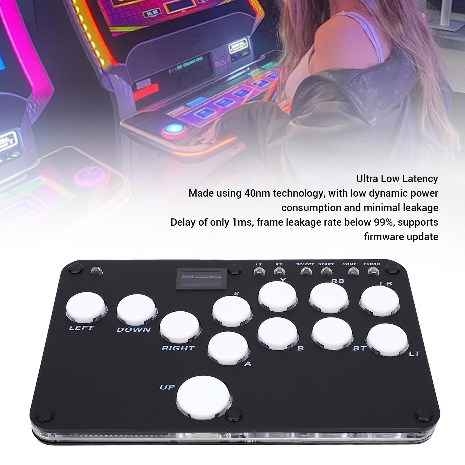 Bewinner Kontroler RGB Fighting Stick z możliwością Wymiany Podczas Pracy dla Użytkowników Konsoli i Systemu, 12 Czarnych Akrylowych Klawiszy